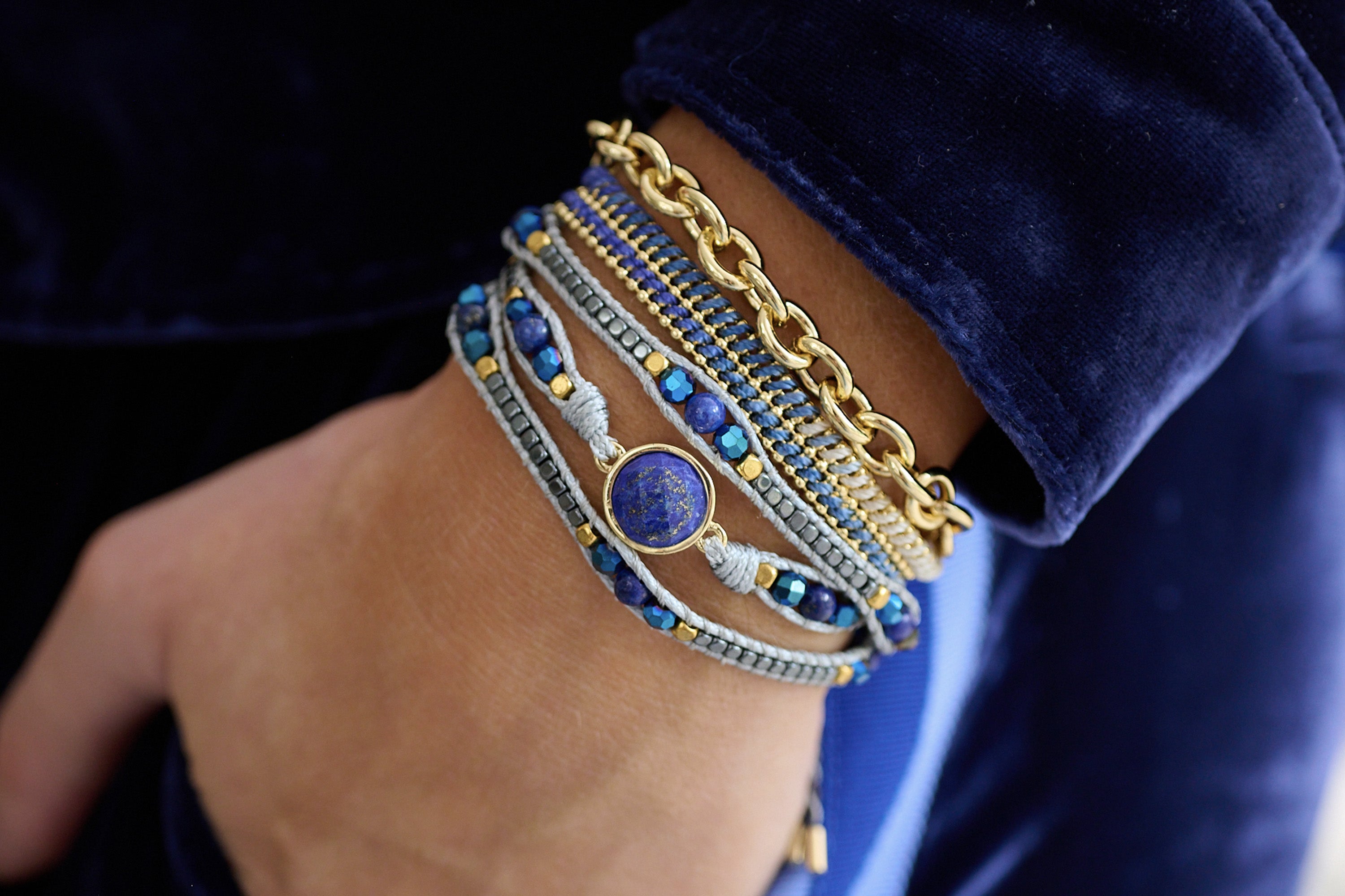 America Blue & Gold Lapis Lazuli Gemstone Wrap Bracelet - Boho Betty