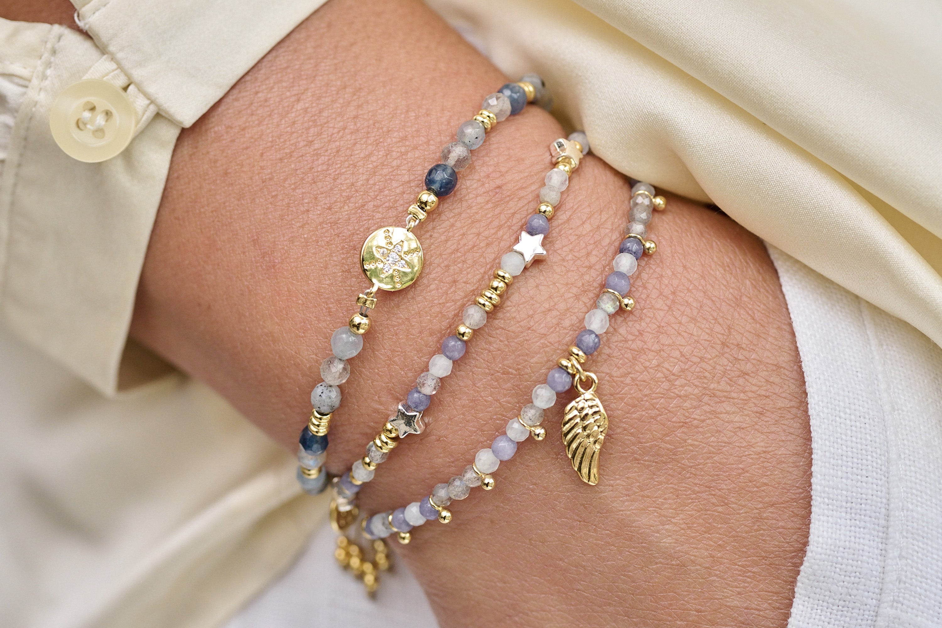 Nashira Denim & Gold Wing Charm Gemstone Bracelet - Boho Betty