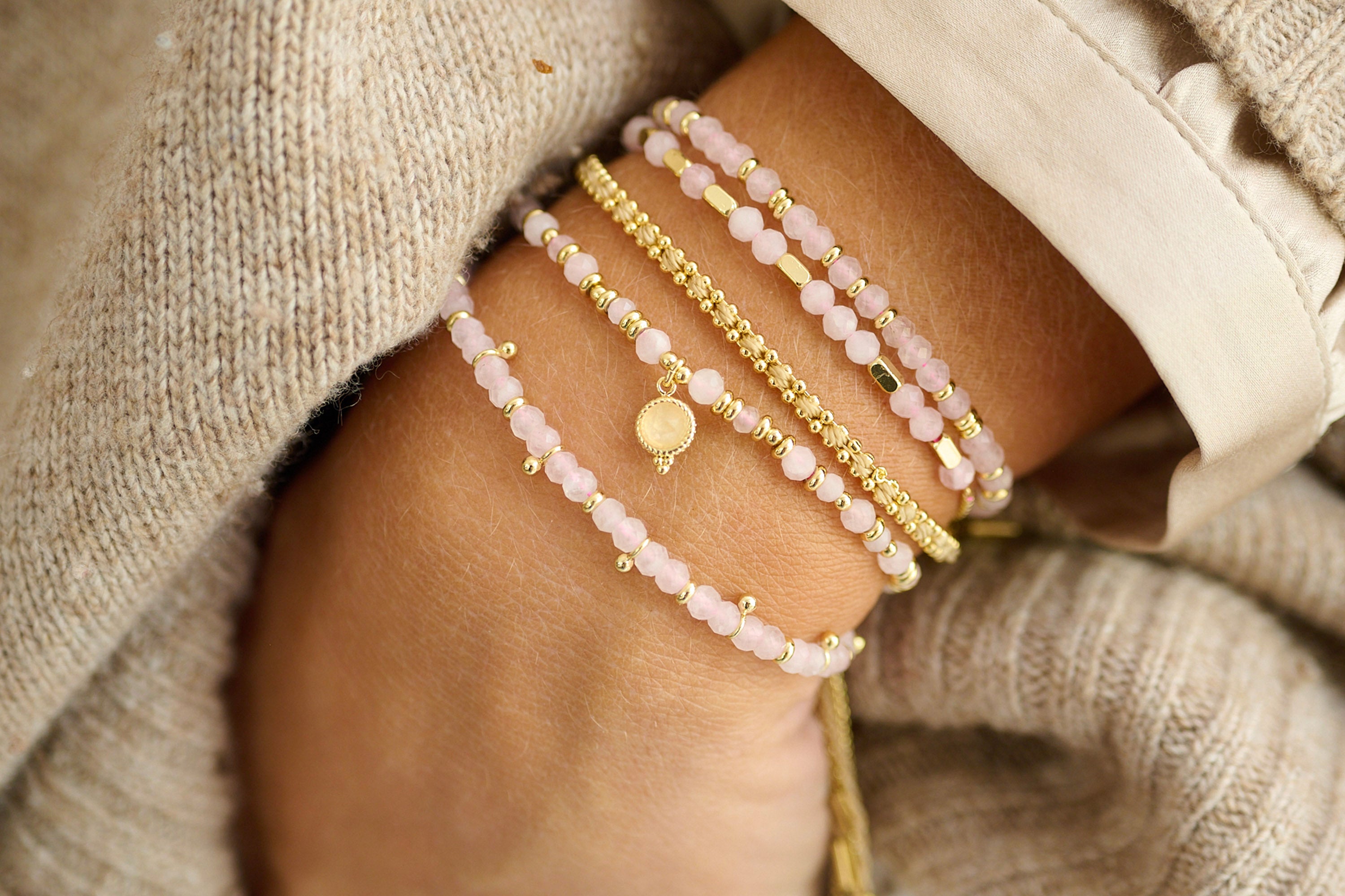 Sense Rose Quartz Charm Gold Bracelet - Boho Betty