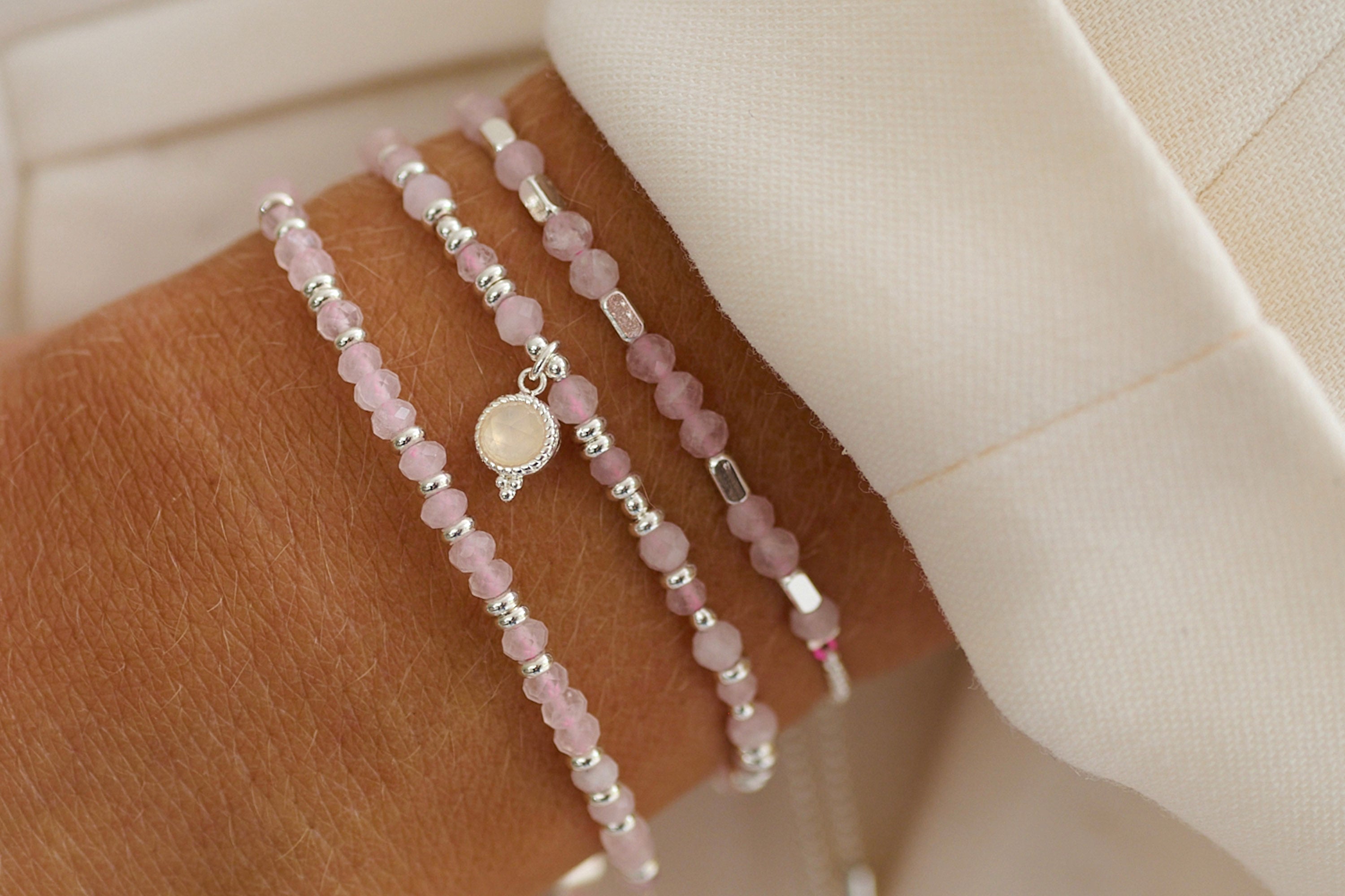 Sense Rose Quartz Charm Silver Bracelet - Boho Betty