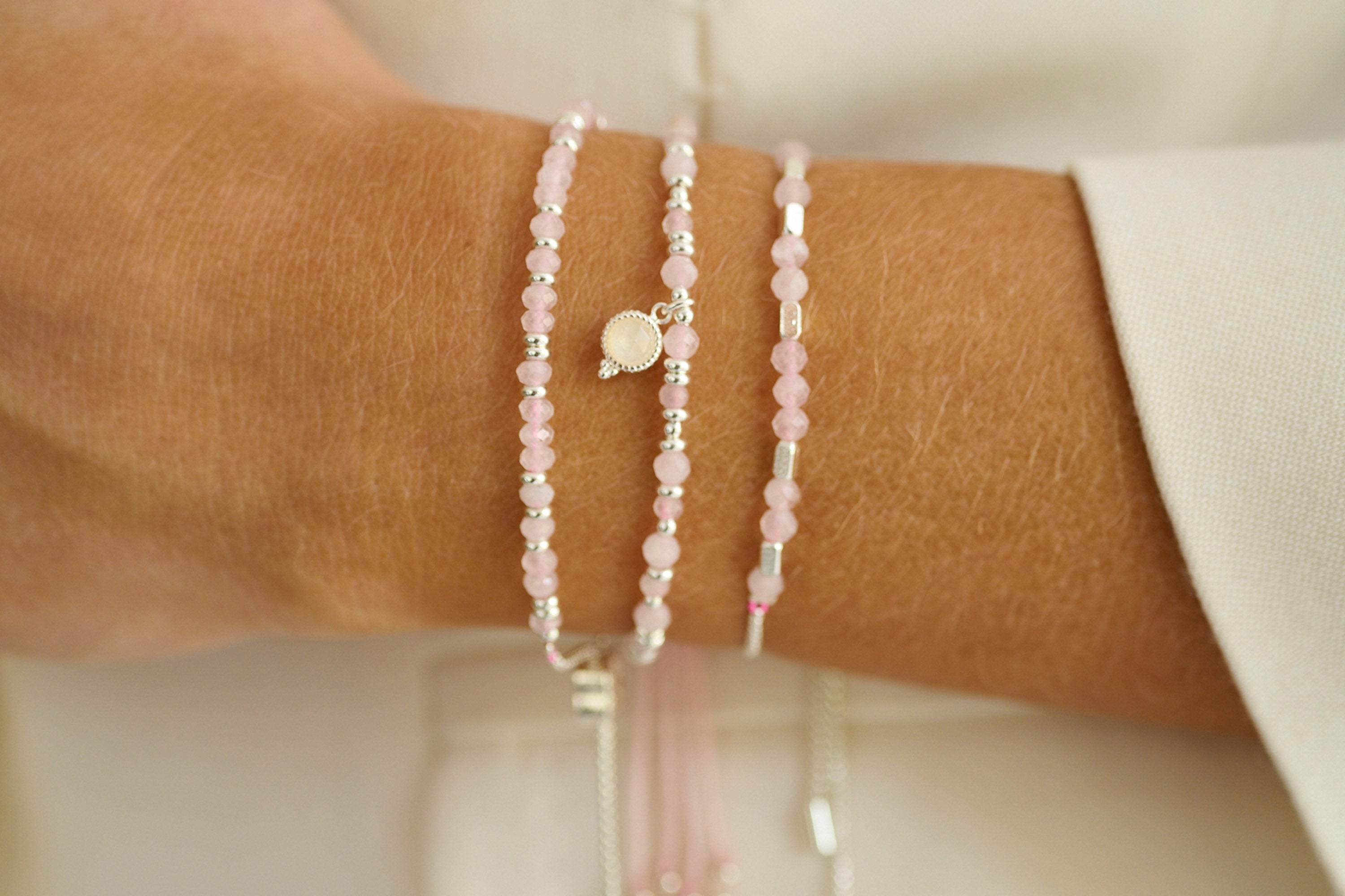 Sense Rose Quartz Charm Silver Bracelet - Boho Betty