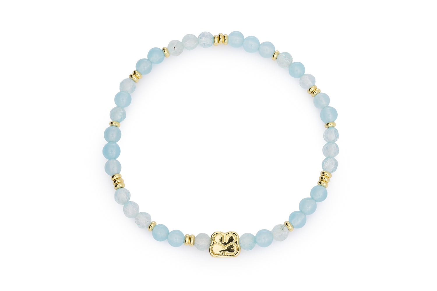 Wonder gold stretch bead bracelet with blue topaz gemstones and signature charm on white background