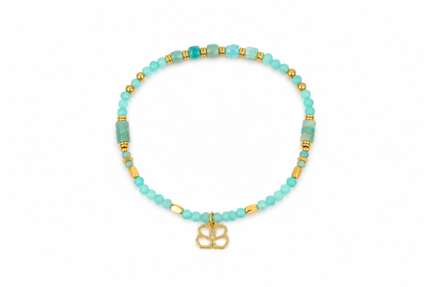 Yasmin Amazonite Gold Gemstone Bead Bracelet featuring faceted and cylinder-cut Amazonite gemstone beads with waterproof 14k Gold PVD stainless steel accents.