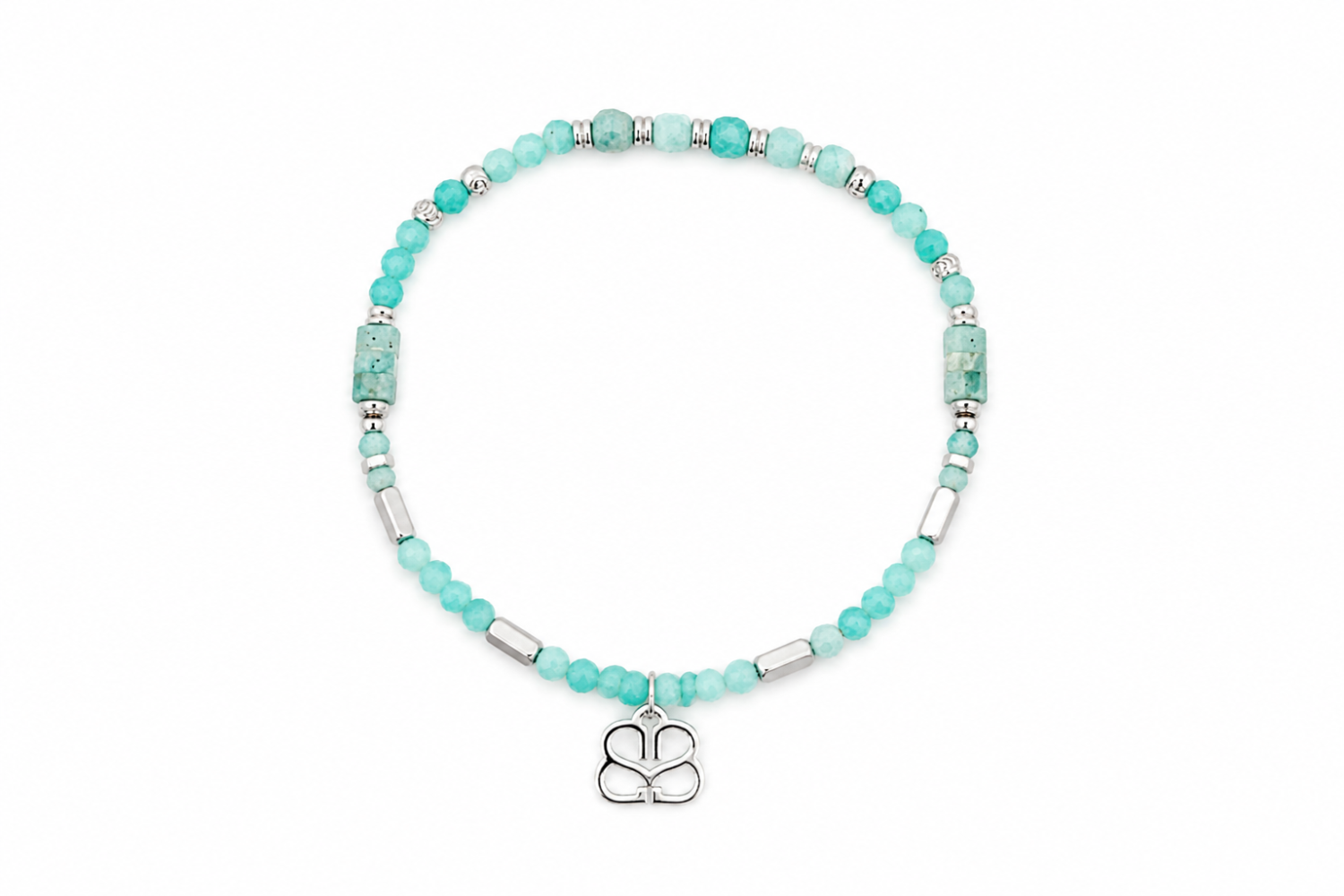 Yasmin Amazonite Silver Gemstone Bead Bracelet featuring faceted and cylinder-cut Amazonite gemstone beads with waterproof White Gold PVD stainless steel accents.