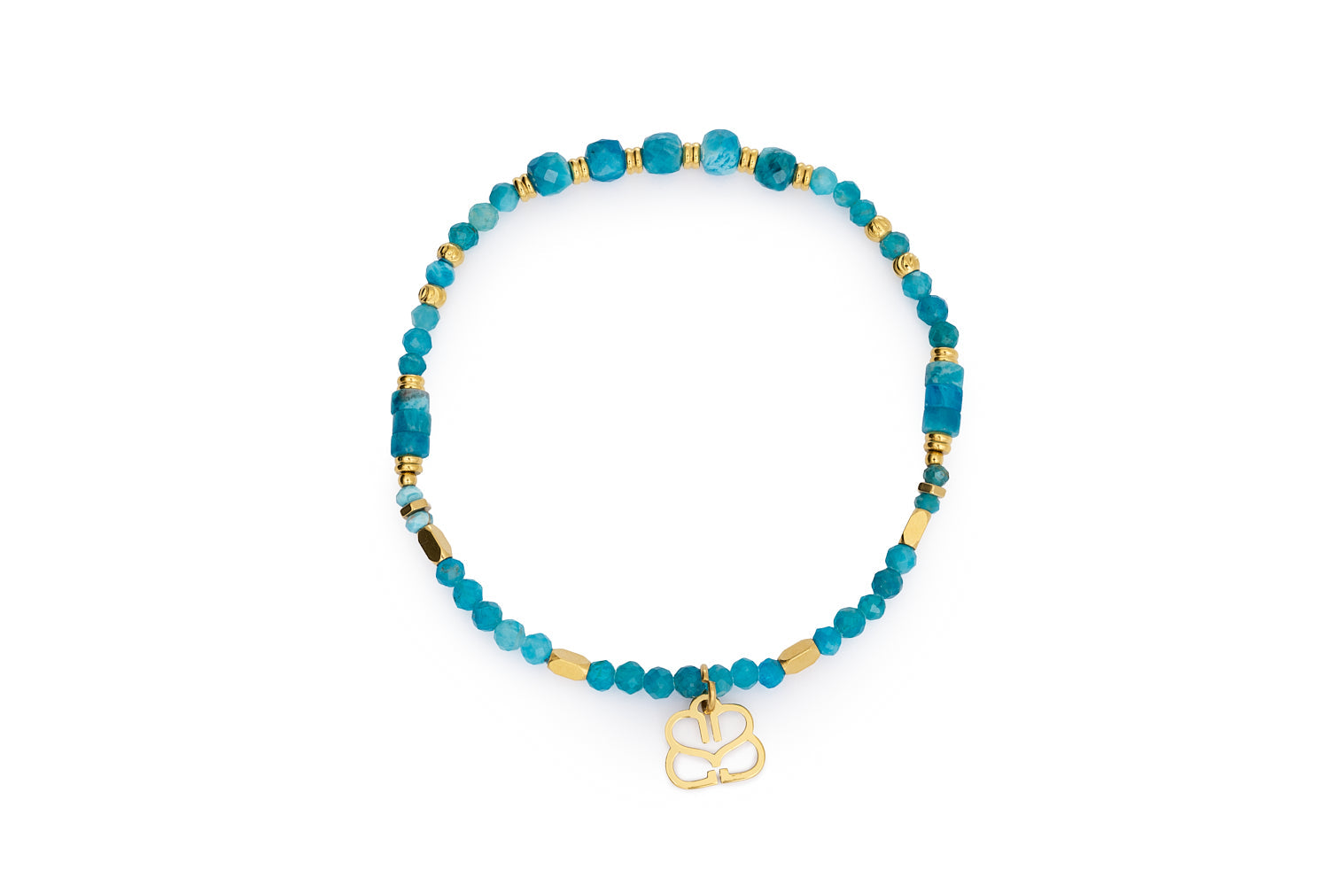 blue apatite gemstone bracelet with gold accents and Boho Betty charm