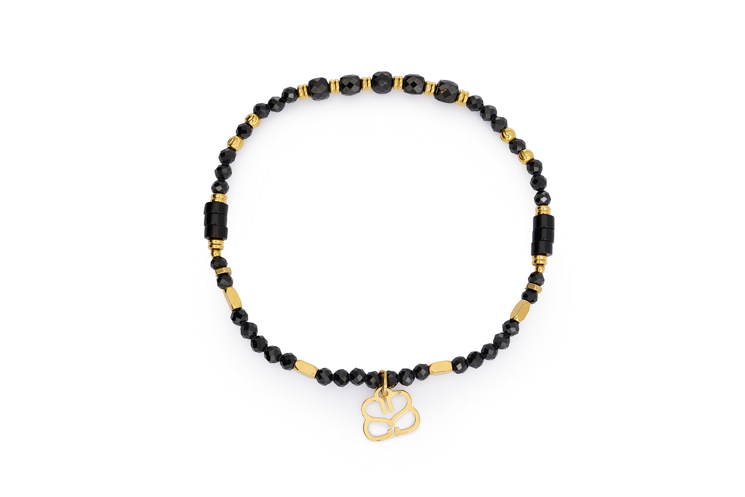 Yasmin Black Spinel Gemstone Bracelet with gold stainless steel accents and Boho Betty charm.
