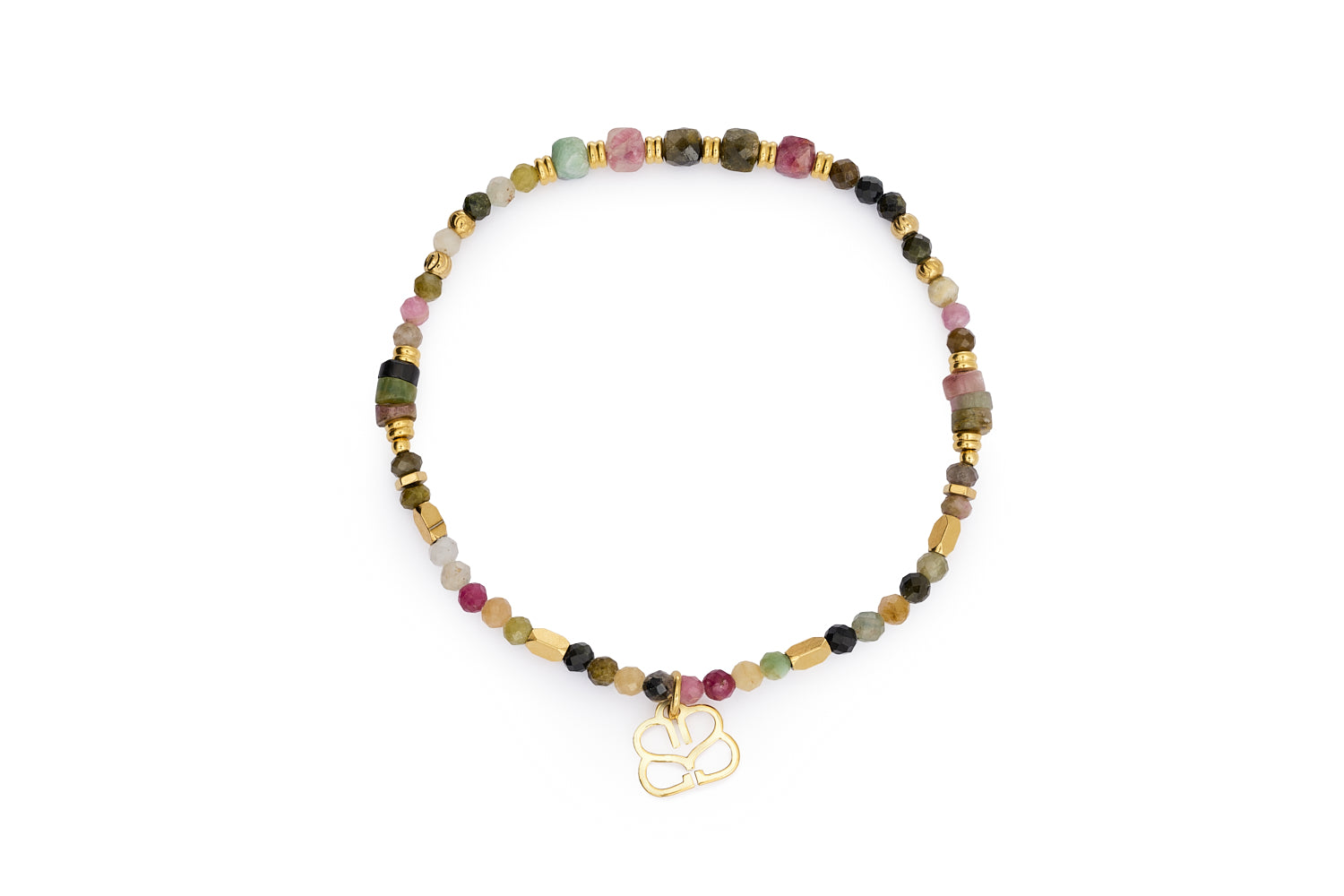 Multicoloured tourmaline gemstone bracelet with gold accents on white background