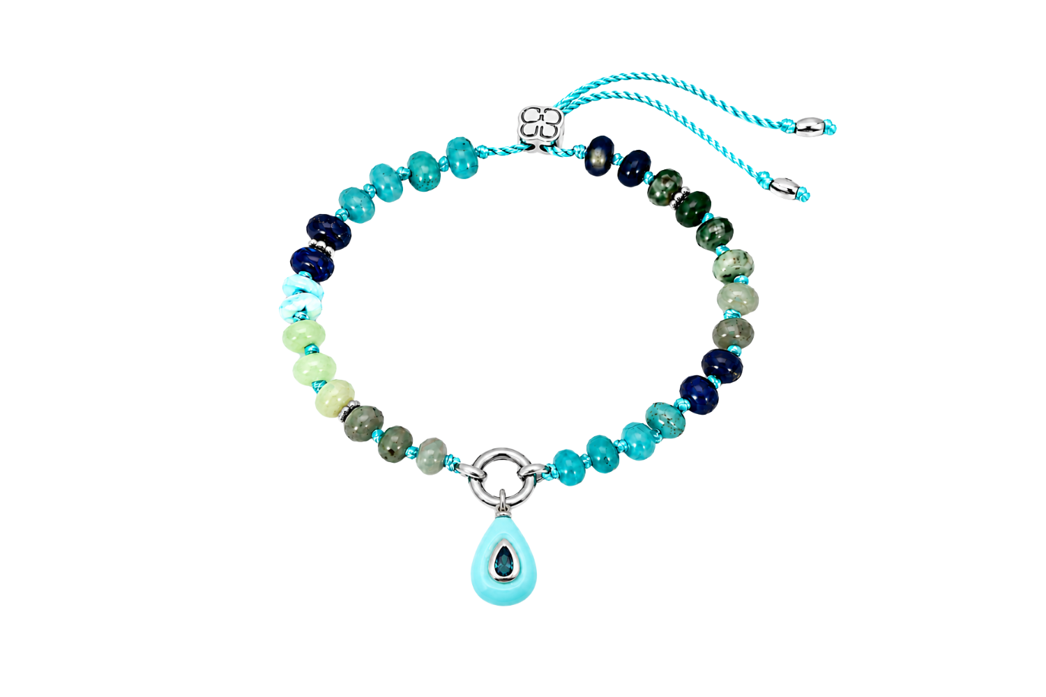 Zaha Blue Silver Charm Carrier Bracelet styled with a Boho Betty Fleurette turquoise charm on the waterproof white gold PVD charm carrier.