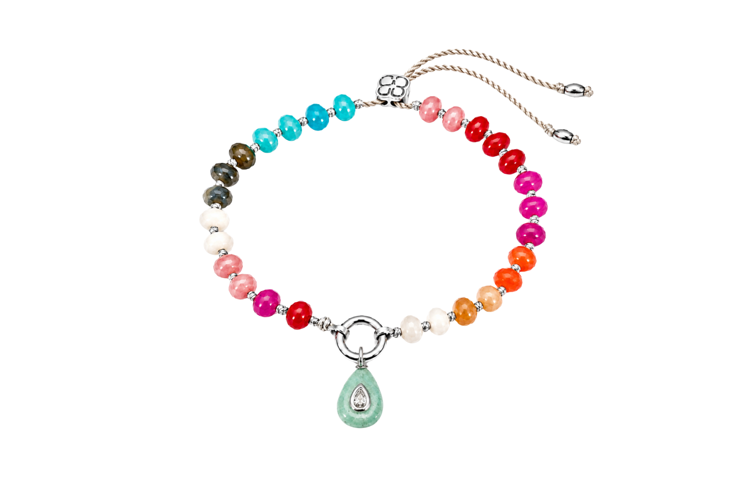 Zaha Tropical Silver Charm Carrier Bracelet styled with a Boho Betty Fleurette amazonite charm on the waterproof white gold PVD charm carrier.