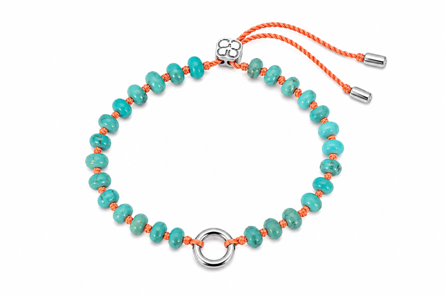 Zaha Turquoise & Orange Silver Charm Carrier Bracelet featuring turquoise howlite gemstone beads, coral-orange cord and a waterproof stainless steel charm carrier clasp.