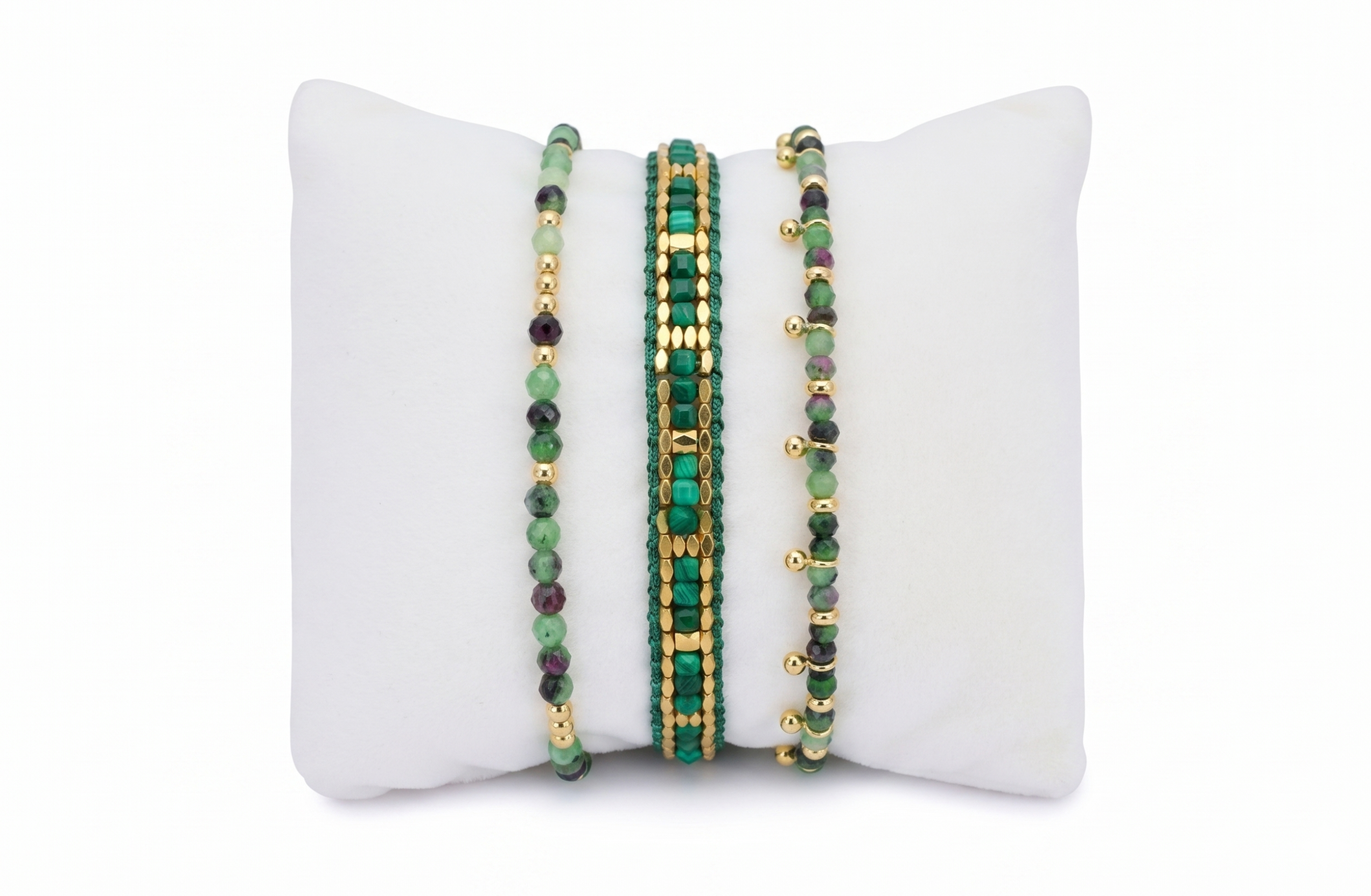 Zapatilla Ruby Zoisite & Gold Bracelet Stack with thick woven green-and-gold centre band framed by two slim ruby zoisite bead strands, 12k gold accents