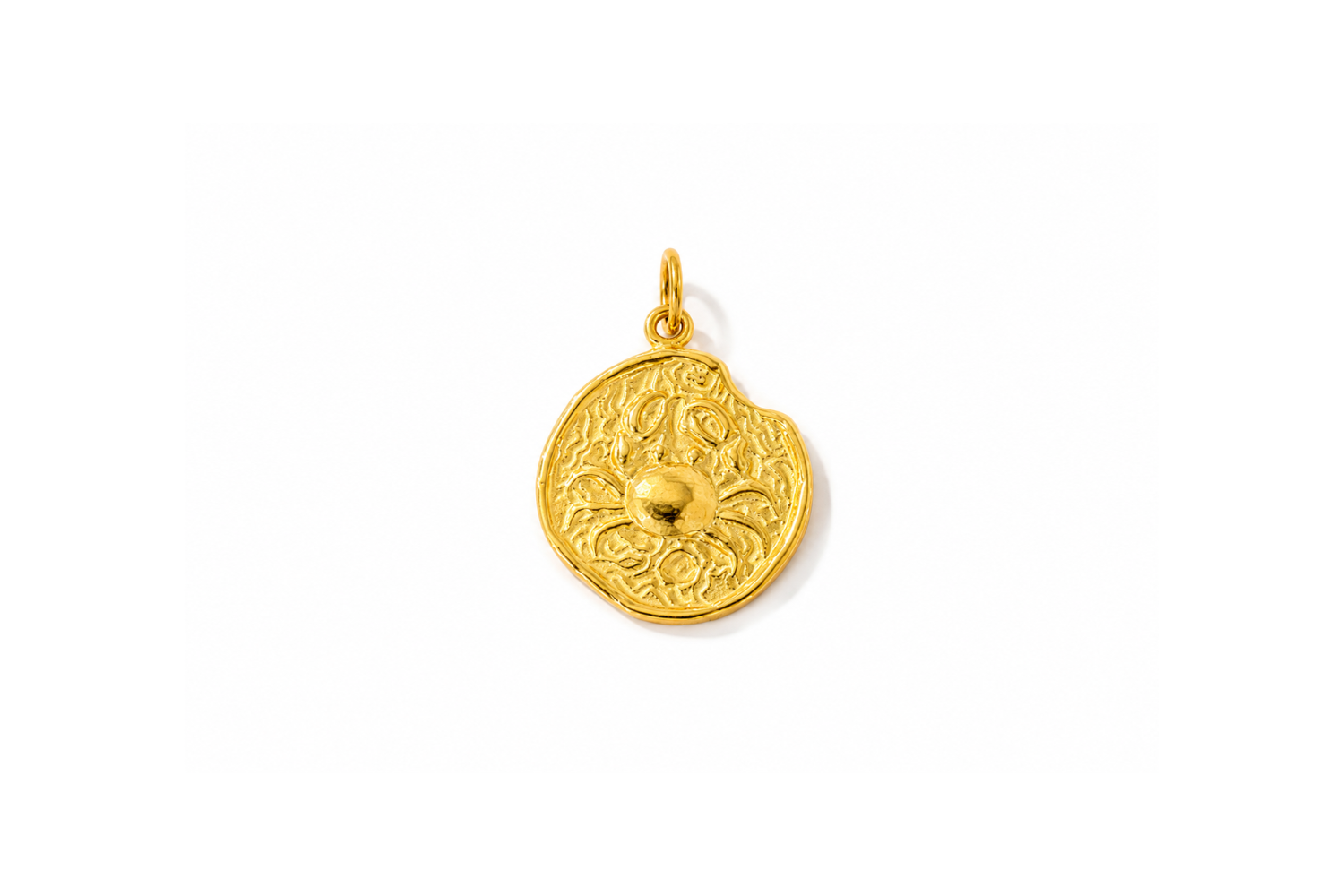 Zaya Cancer Gold Waterproof Zodiac Charm featuring a textured coin-inspired design with a raised Cancer symbol in waterproof 14k Gold PVD-coated stainless steel.
