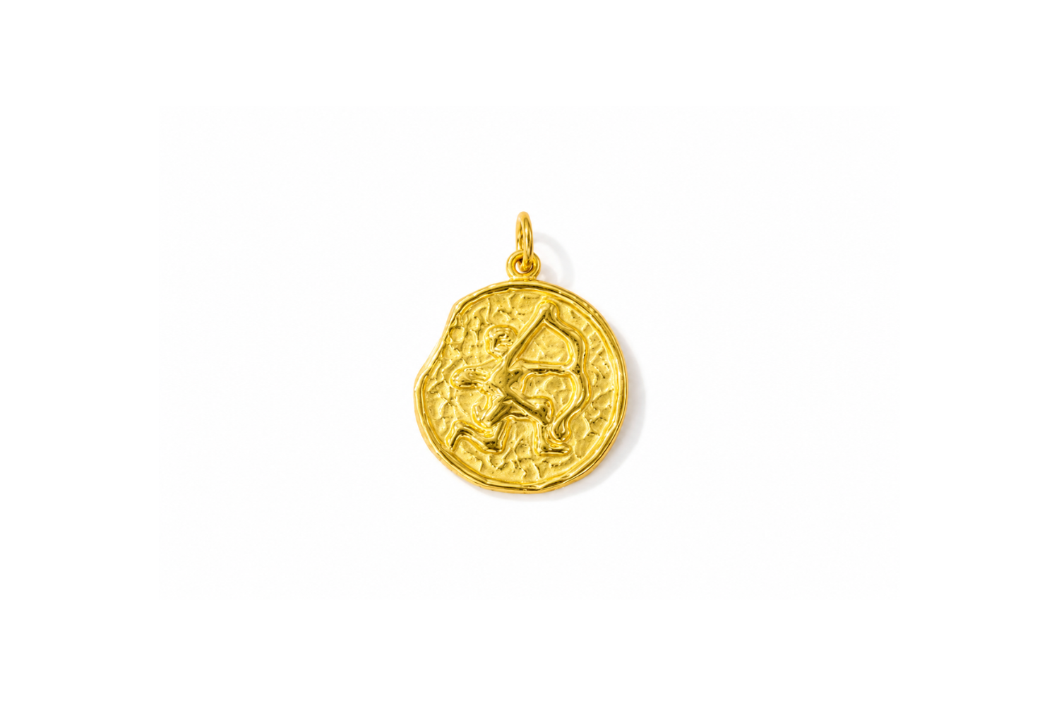 Zaya Sagittarius Gold Waterproof Zodiac Charm featuring a textured coin-inspired design with a raised Sagittarius symbol in waterproof 14k Gold PVD-coated stainless steel.