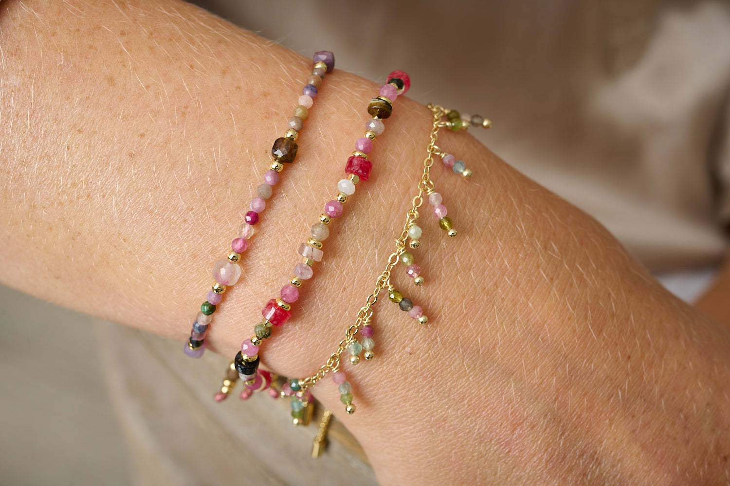 Zelda Gold & Tourmaline Bracelet Stack featured on wrist with Boho Betty stacking bracelets