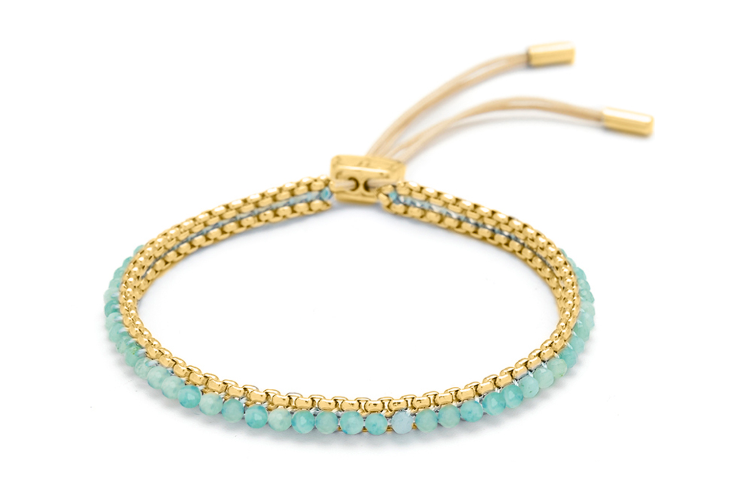 Zena Amazonite Gold Beaded Bracelet with soft green amazonite gemstones, gold chain detailing and adjustable slider fastening.