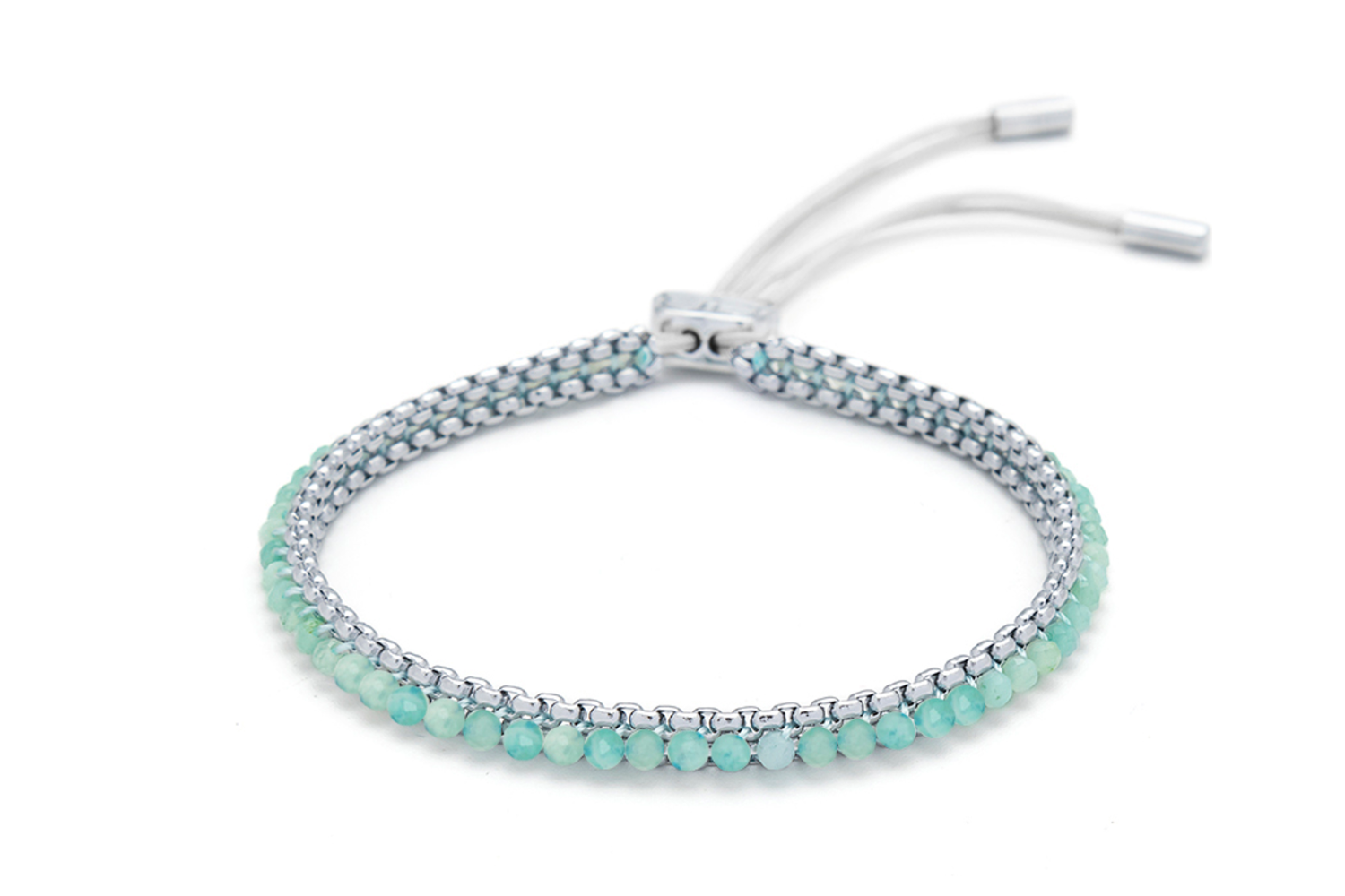 Zena Amazonite Silver Beaded Bracelet with soft green amazonite gemstones, silver chain detailing and adjustable slider fastening.