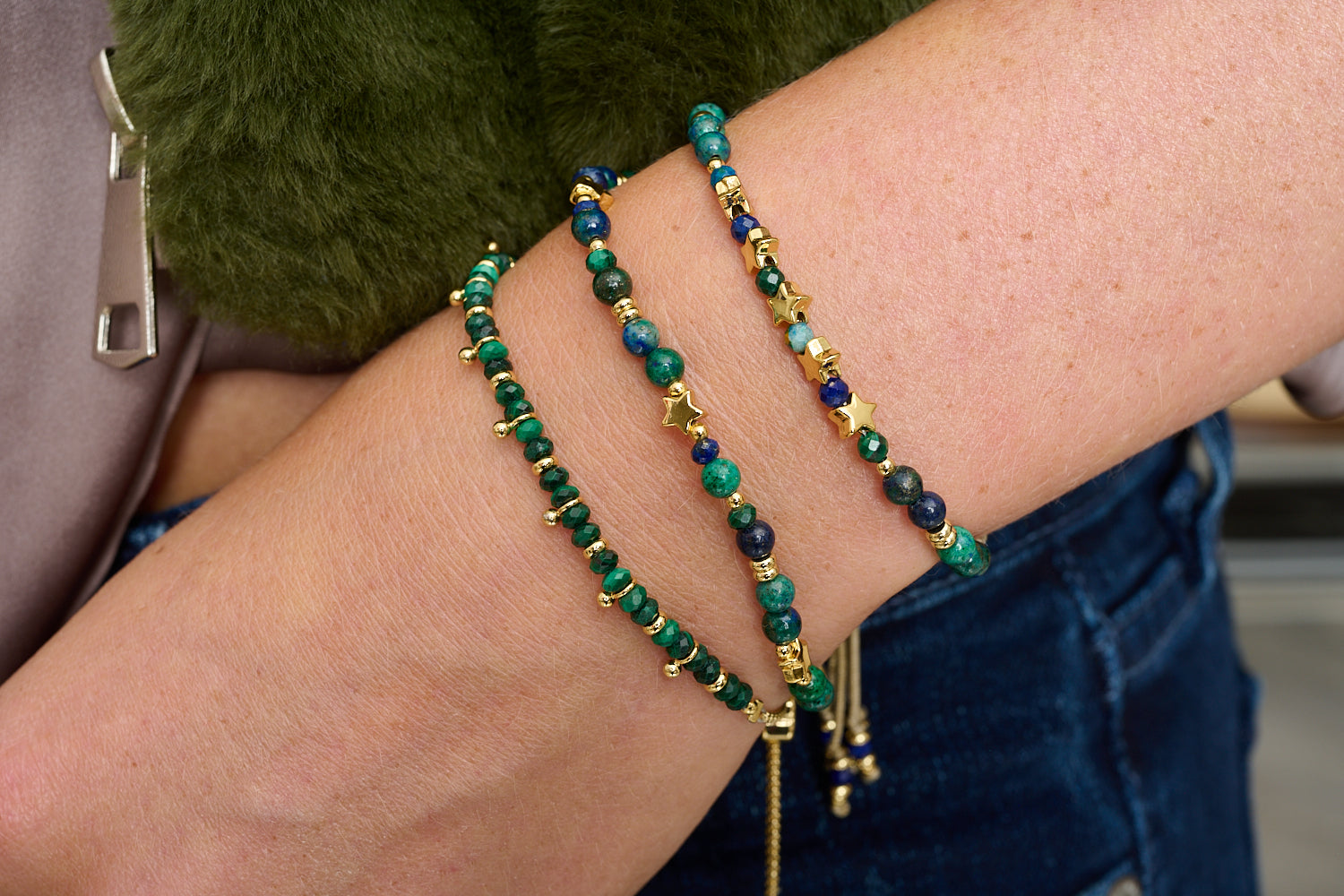 Ziggy azurite and gold star bracelet featured on wrist with Boho Betty stacking bracelets.