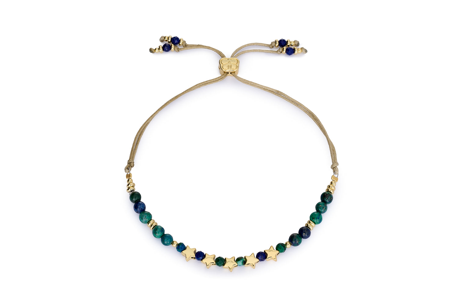 Zolar azurite thread slider bracelet with 12k gold-plated stars and adjustable fit