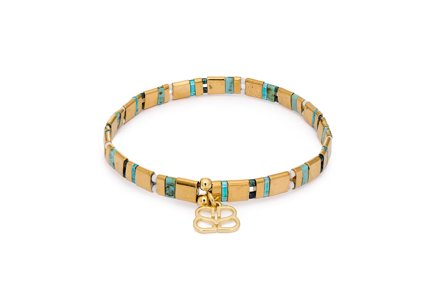 Zoom Blue & Gold Tila Bracelet with striped turquoise, green, and gold Japanese beads in an 18cm stretch design with Boho Betty charm.