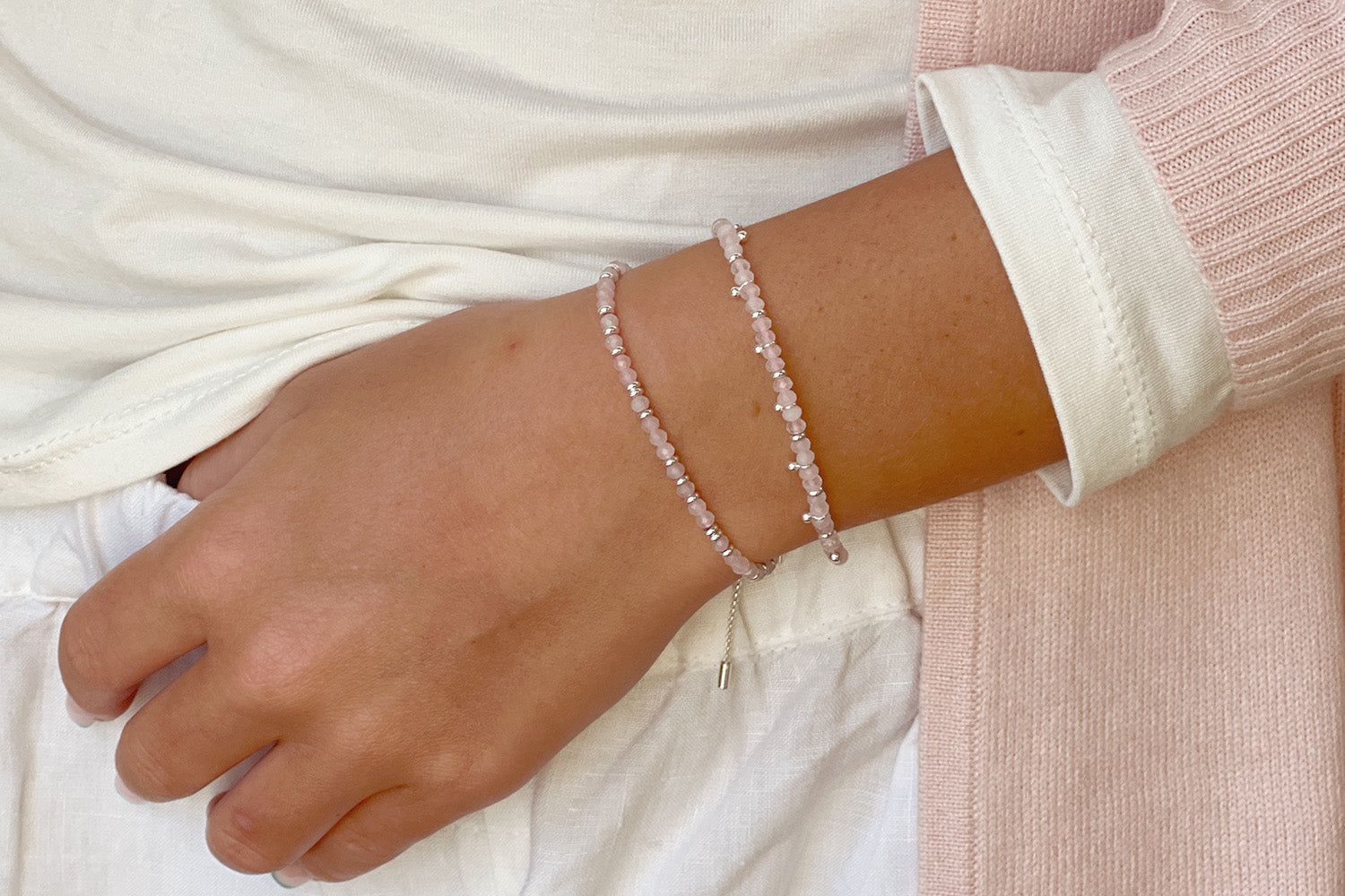 Harmony Rose Quartz Silver Bracelet - Boho Betty