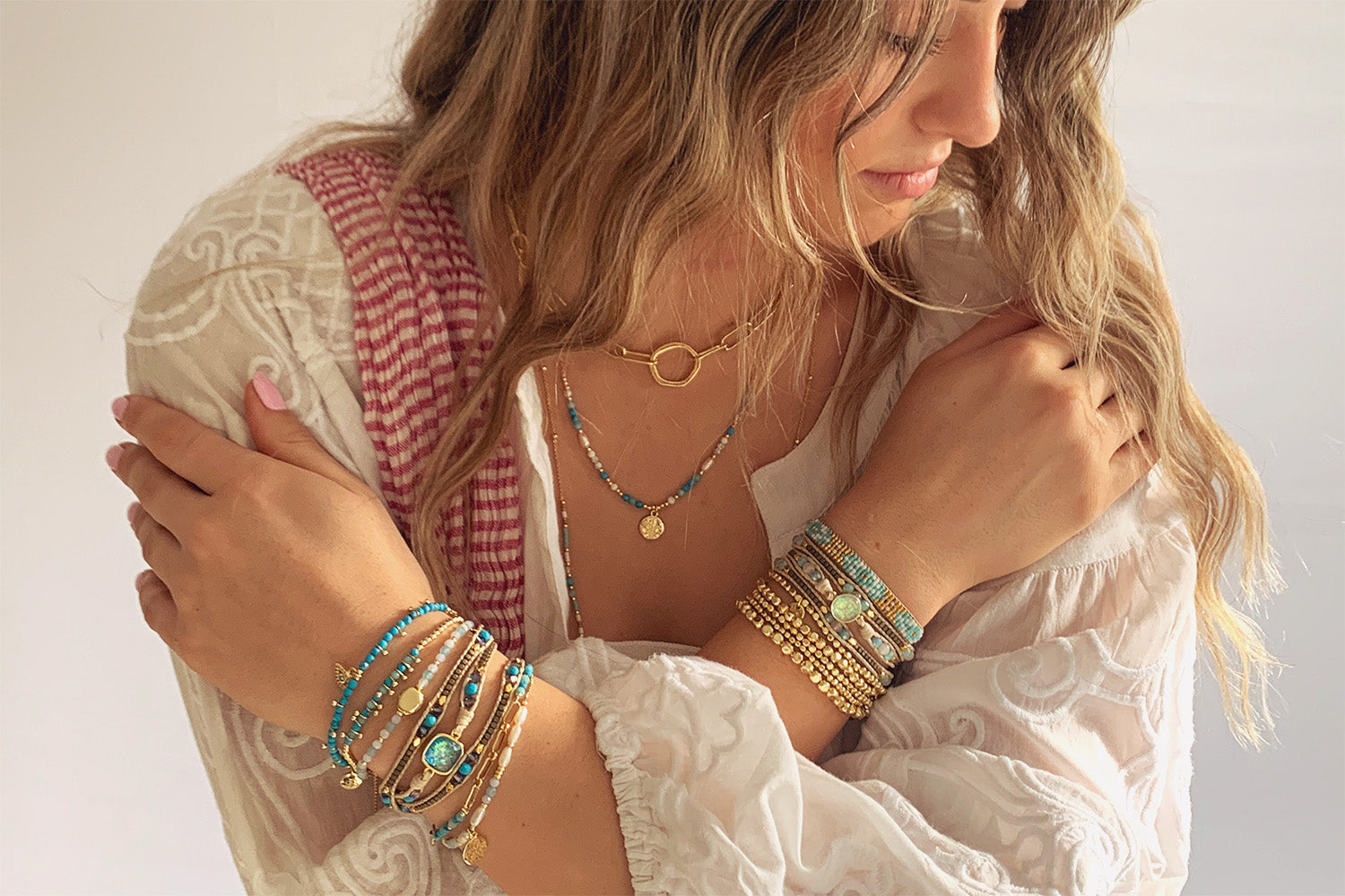 America Aqua Gemstone 3 Wrap Bracelet - Boho Betty