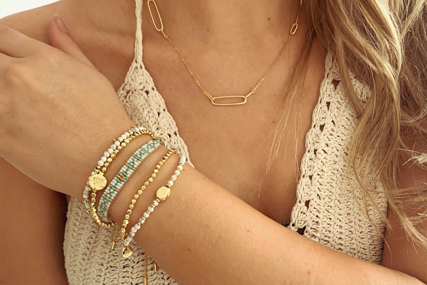 Agadir 2 White & Gold Layered Bracelet Stack - Boho Betty