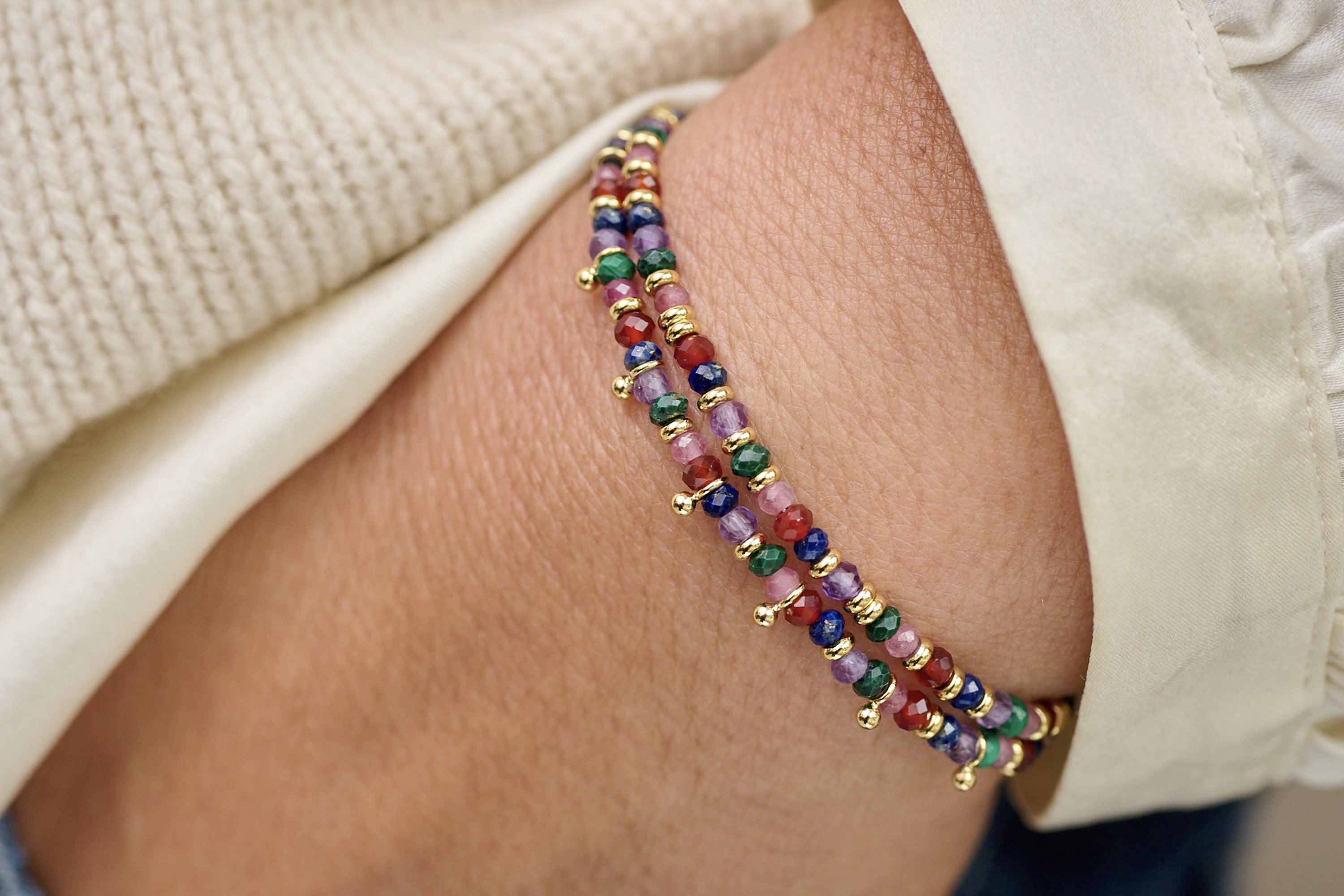 Stack The Mystical and Harmony Multi Bright Gemstone bracelets together for a stunning look to adorn any Autumn outfit.
