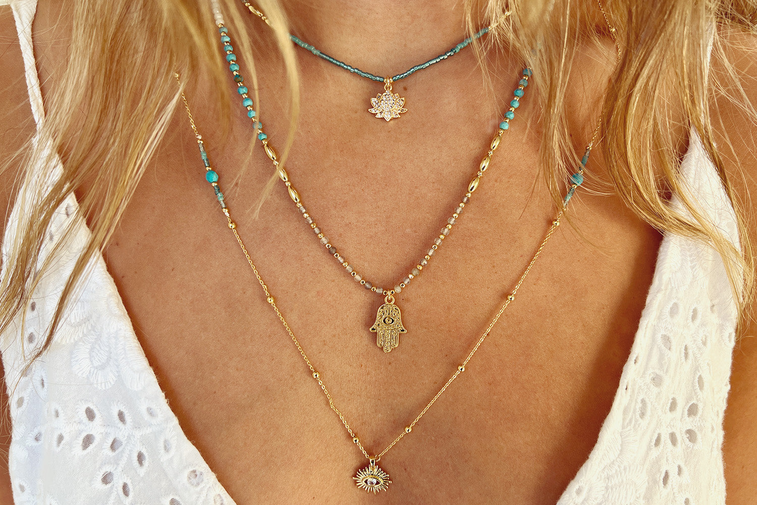 Mami Evil Eye Gold Long CZ Necklace - Boho Betty