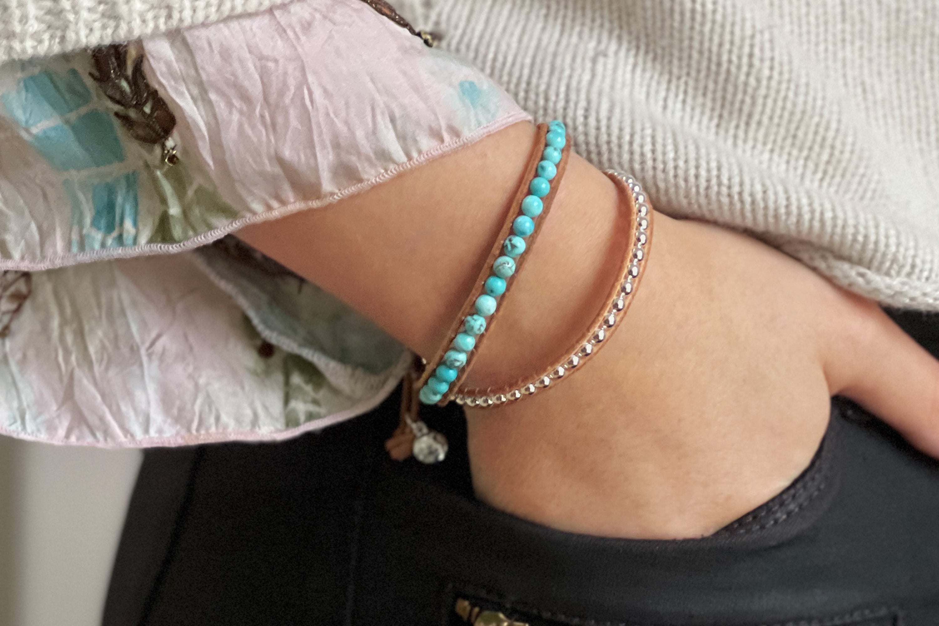 Draco Tan Leather 2 Wrap Bracelet with Turquoise Balls - Boho Betty