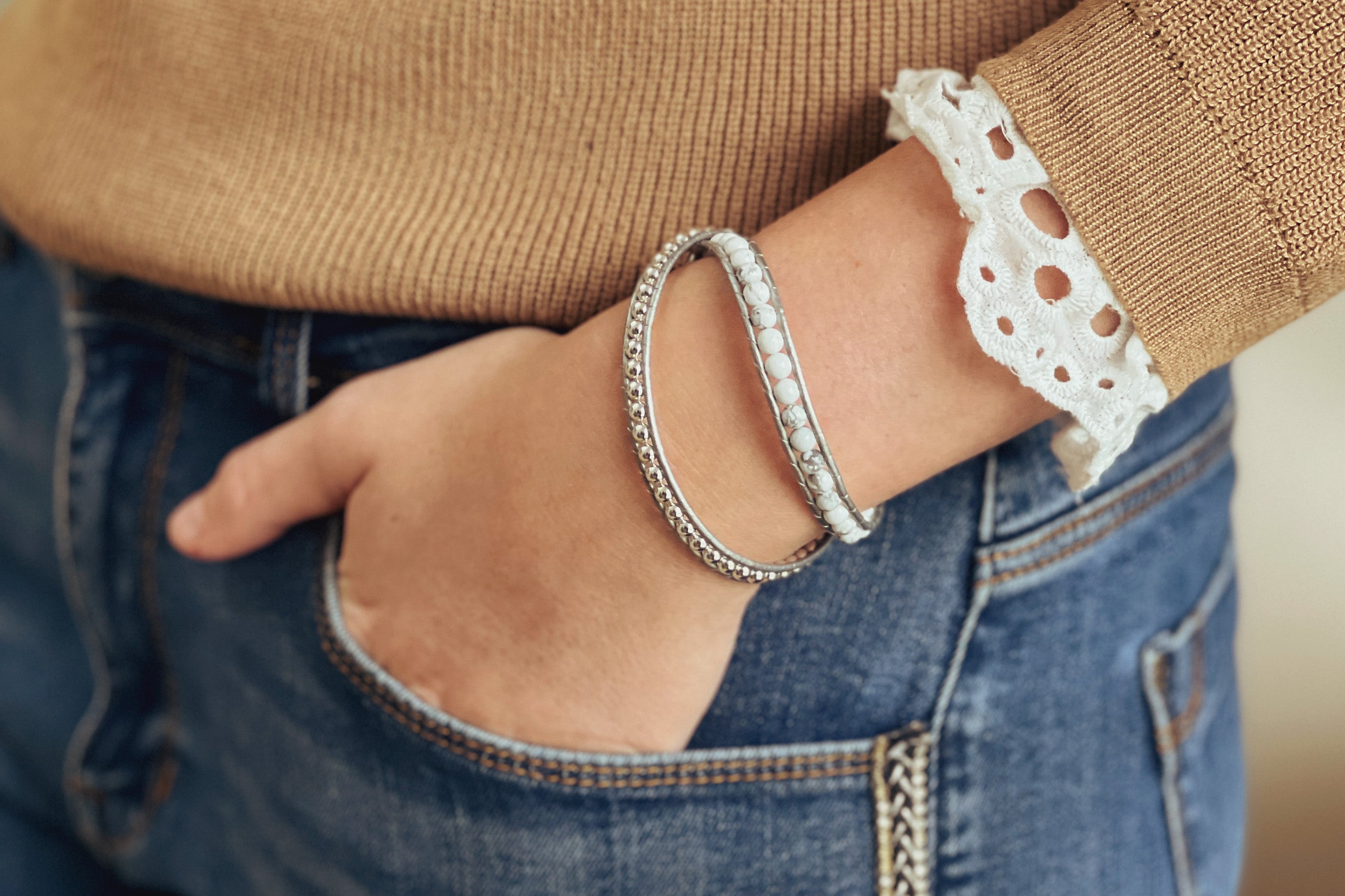Orion Silver Leather White Jade 2 Wrap Bracelet with Silver Balls - Boho Betty