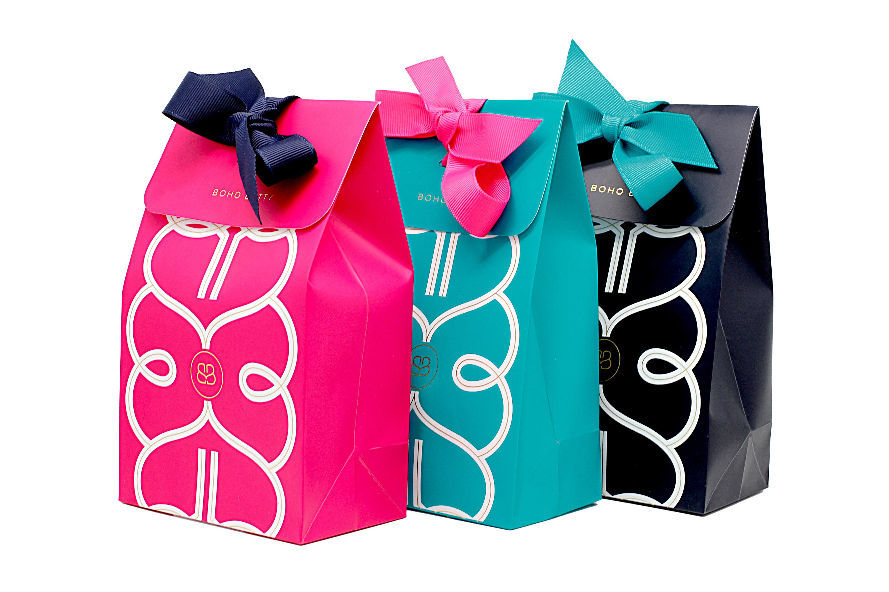 Boho Betty jewellery gift packaging, vibrant packaging options with contract bows and iconic Boho Betty logo design.