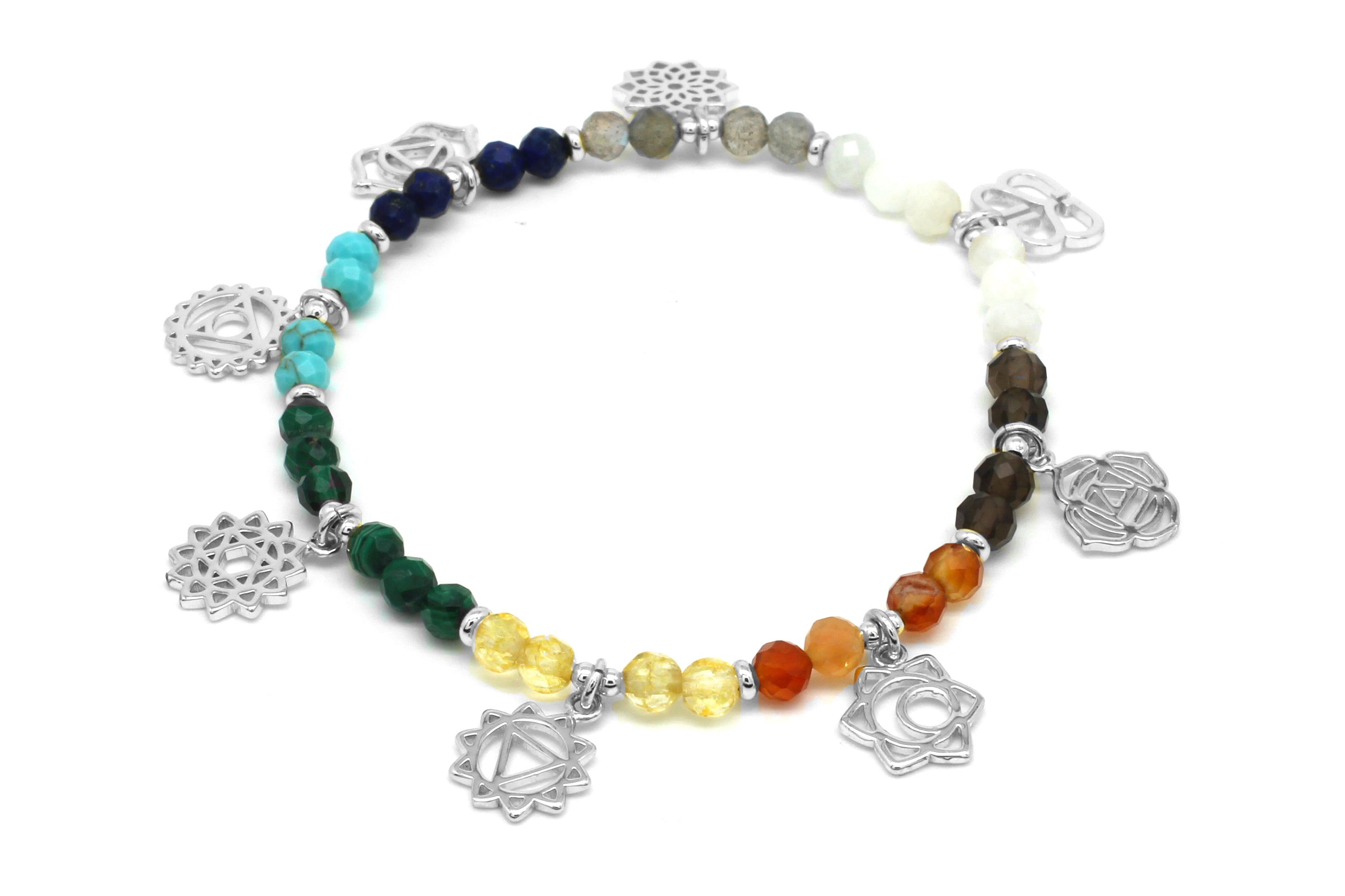 Energy Multi Chakra Gemstone Stretch Silver Bracelet - Boho Betty