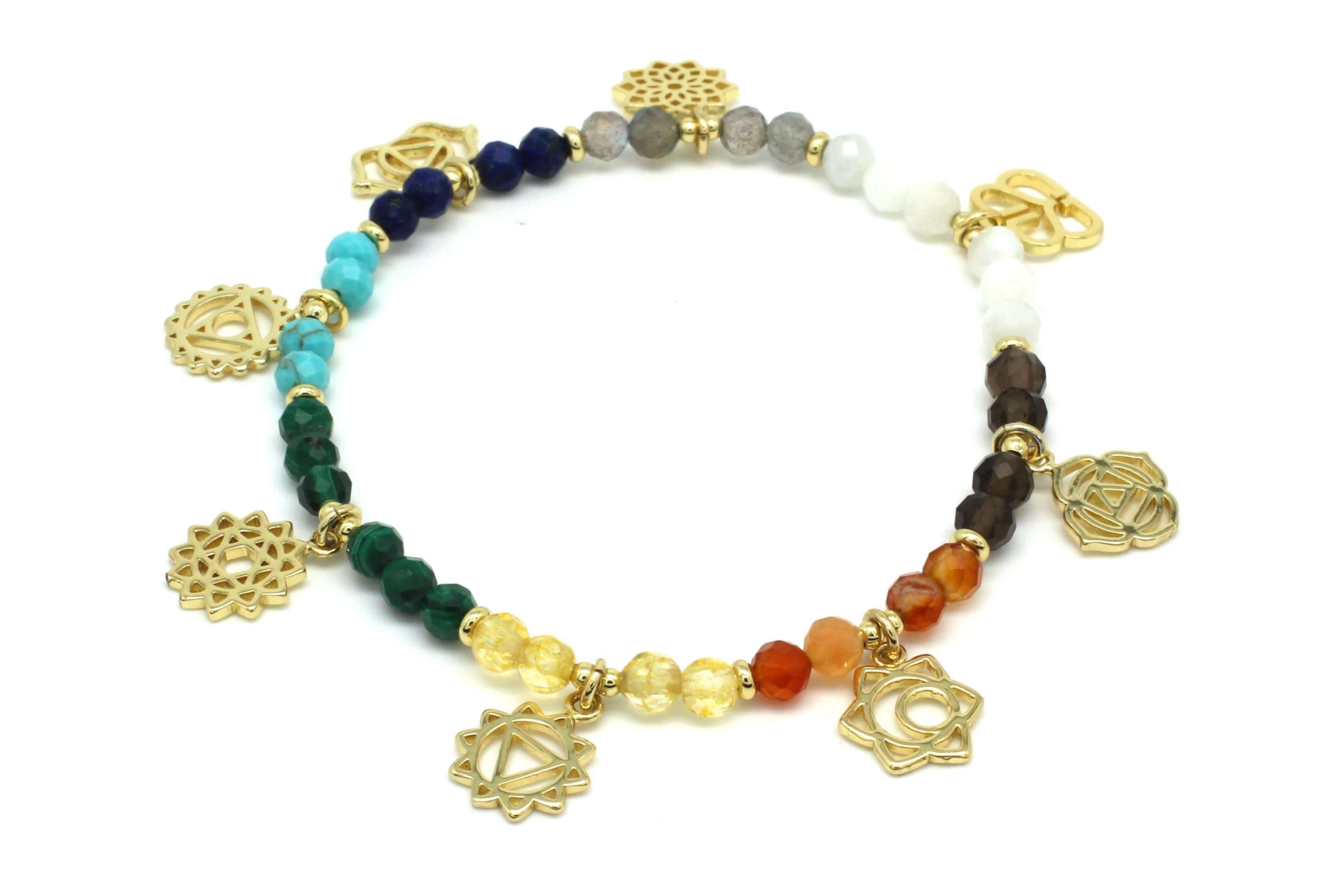 Energy Multi Chakra Gemstone Stretch Gold Bracelet - Boho Betty