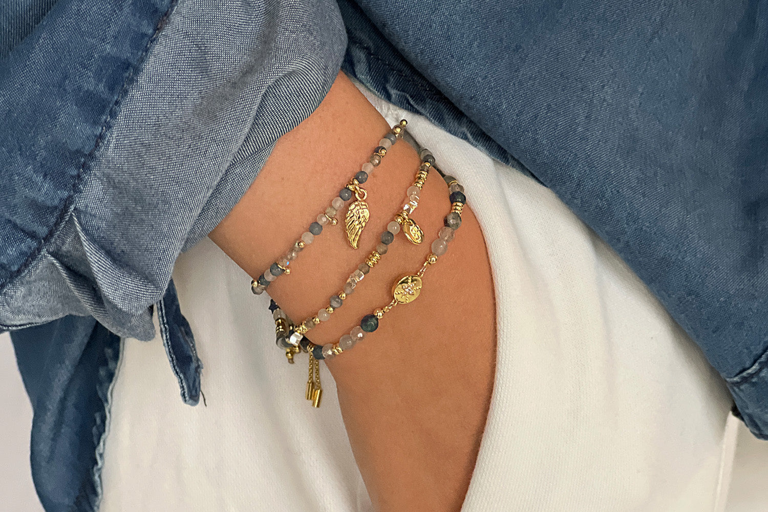 Tucana Denim 3 Layer Wing Bracelet Stack - Boho Betty