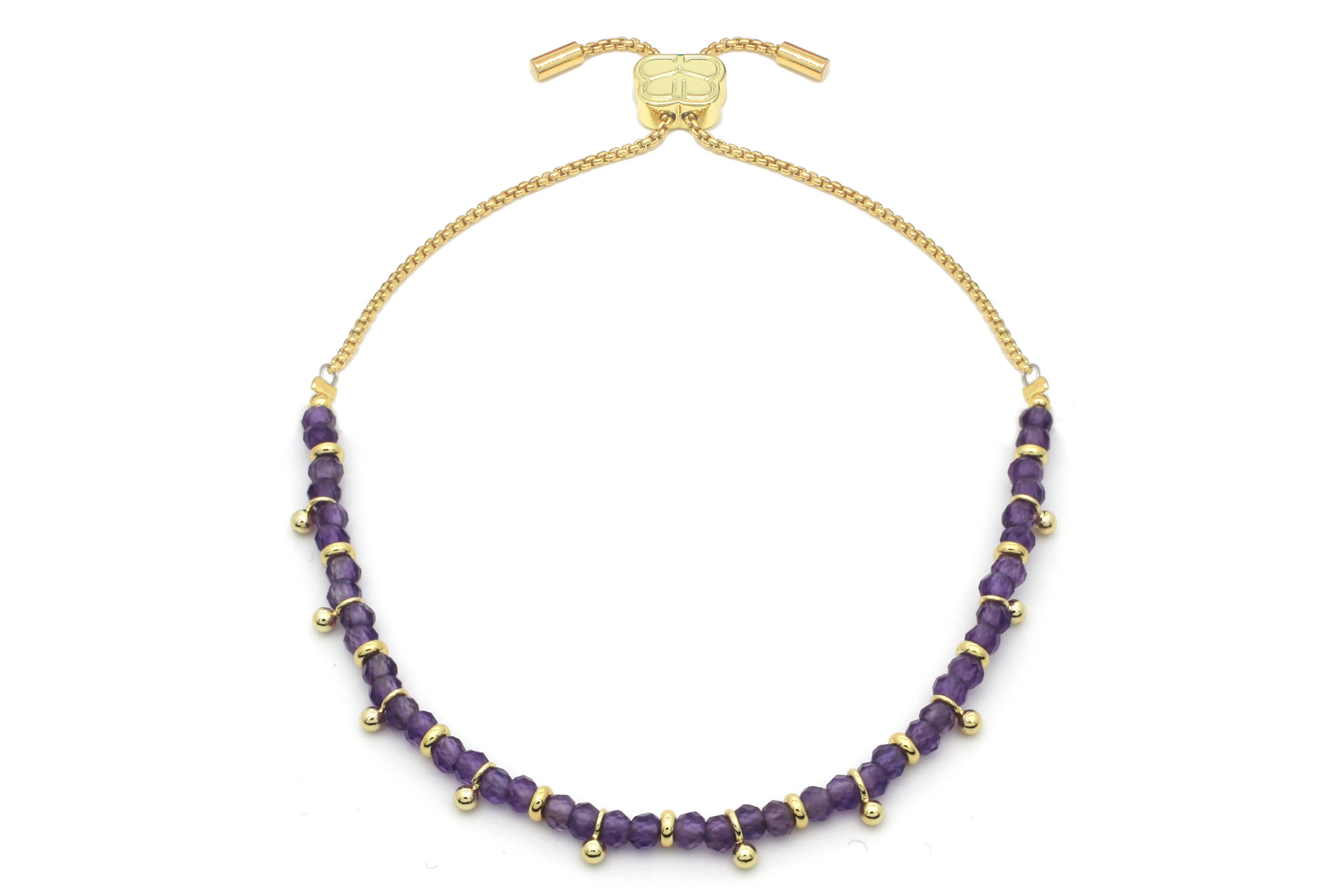 Harmony Amethyst Gold Bracelet featuring faceted purple amethyst gemstones, gold aura accents, and an adjustable slider chain.