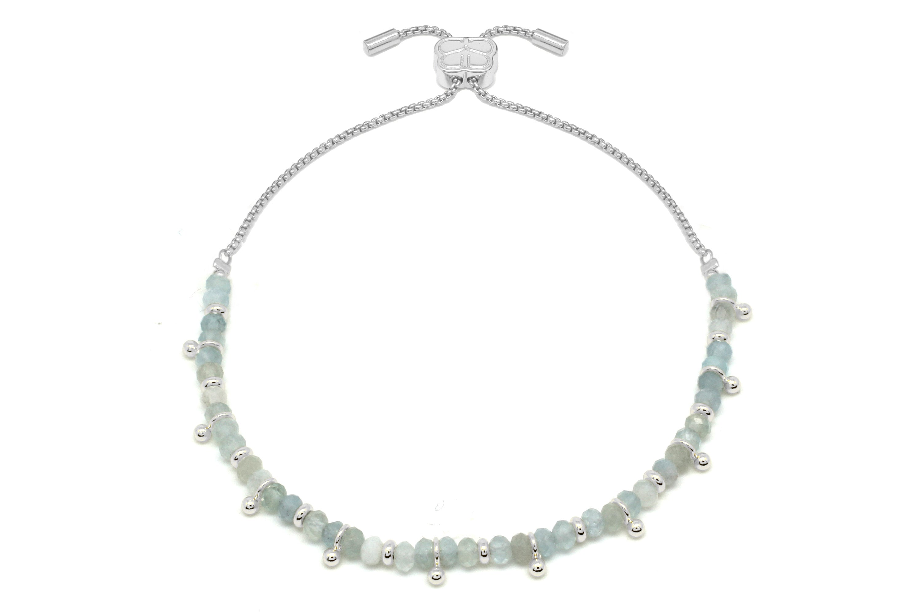 Harmony Aquamarine Silver Gemstone Bracelet featuring soft blue aquamarine beads and silver aura bead accents with an adjustable slider chain.