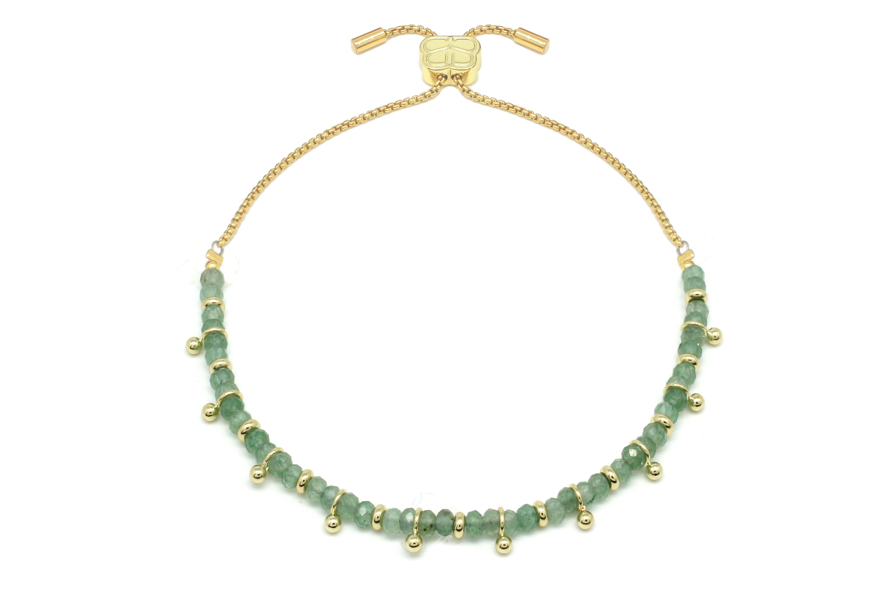 Harmony Chrysoprase Gold Bracelet featuring natural chrysoprase beads, gold aura accents, and an adjustable slider chain.