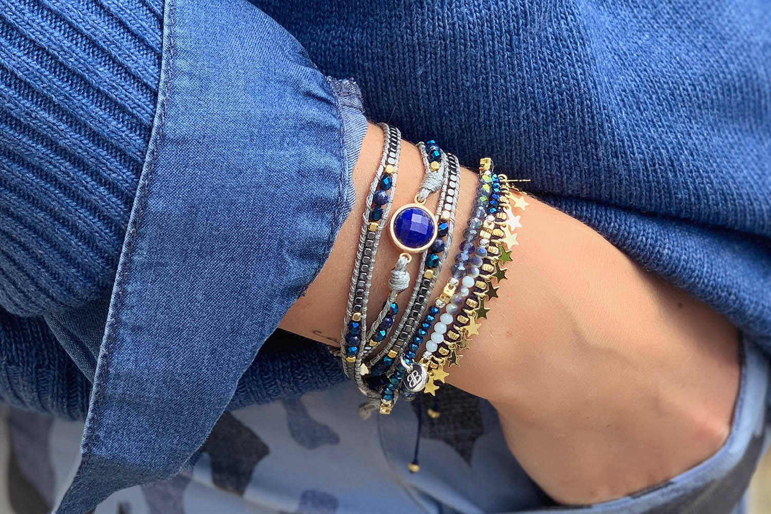 Harebell Blue & Gold Stretchy Wrap Bracelet - Boho Betty