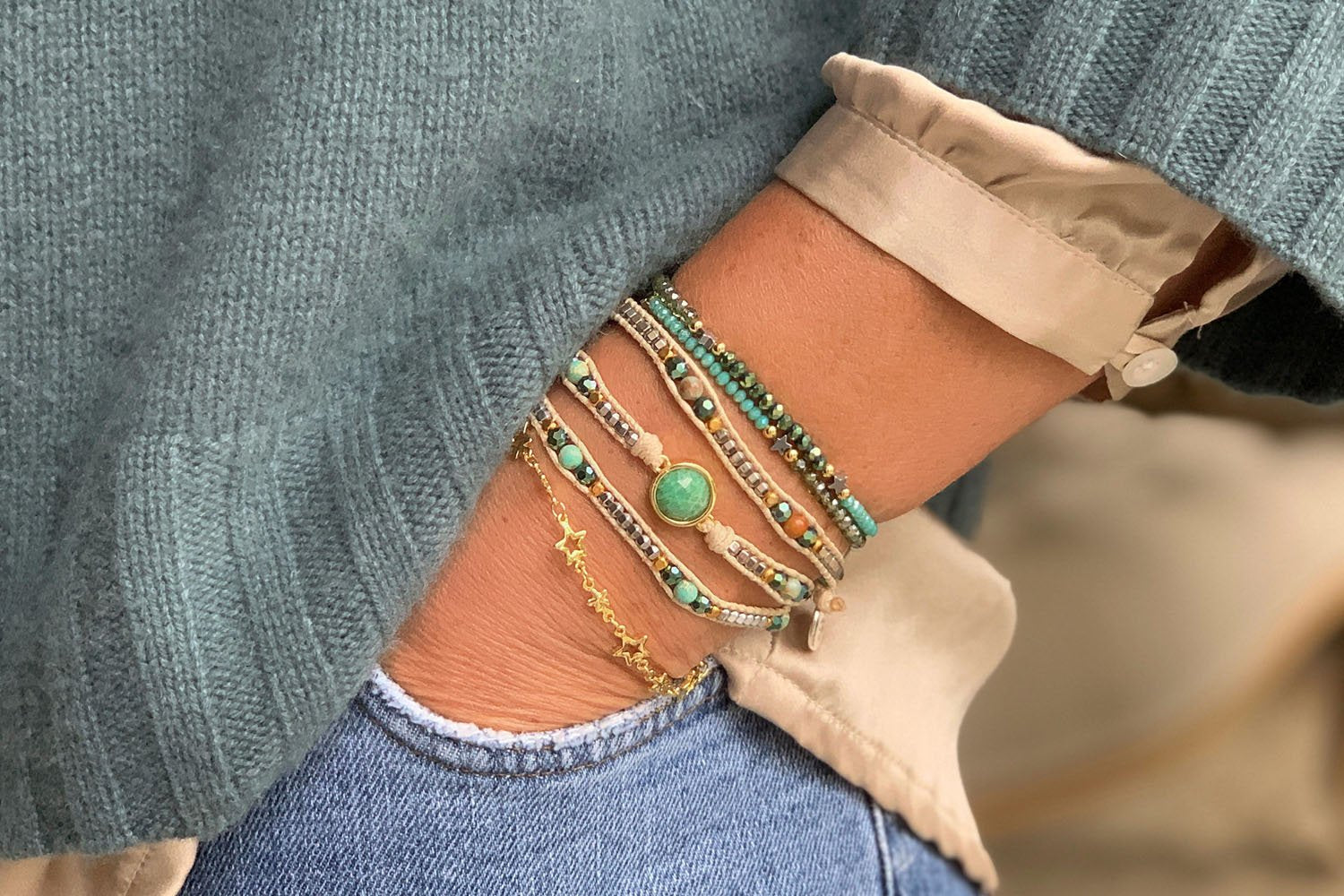 Nerine II Green & Olive Stretch 2 Wrap Bracelet - Boho Betty