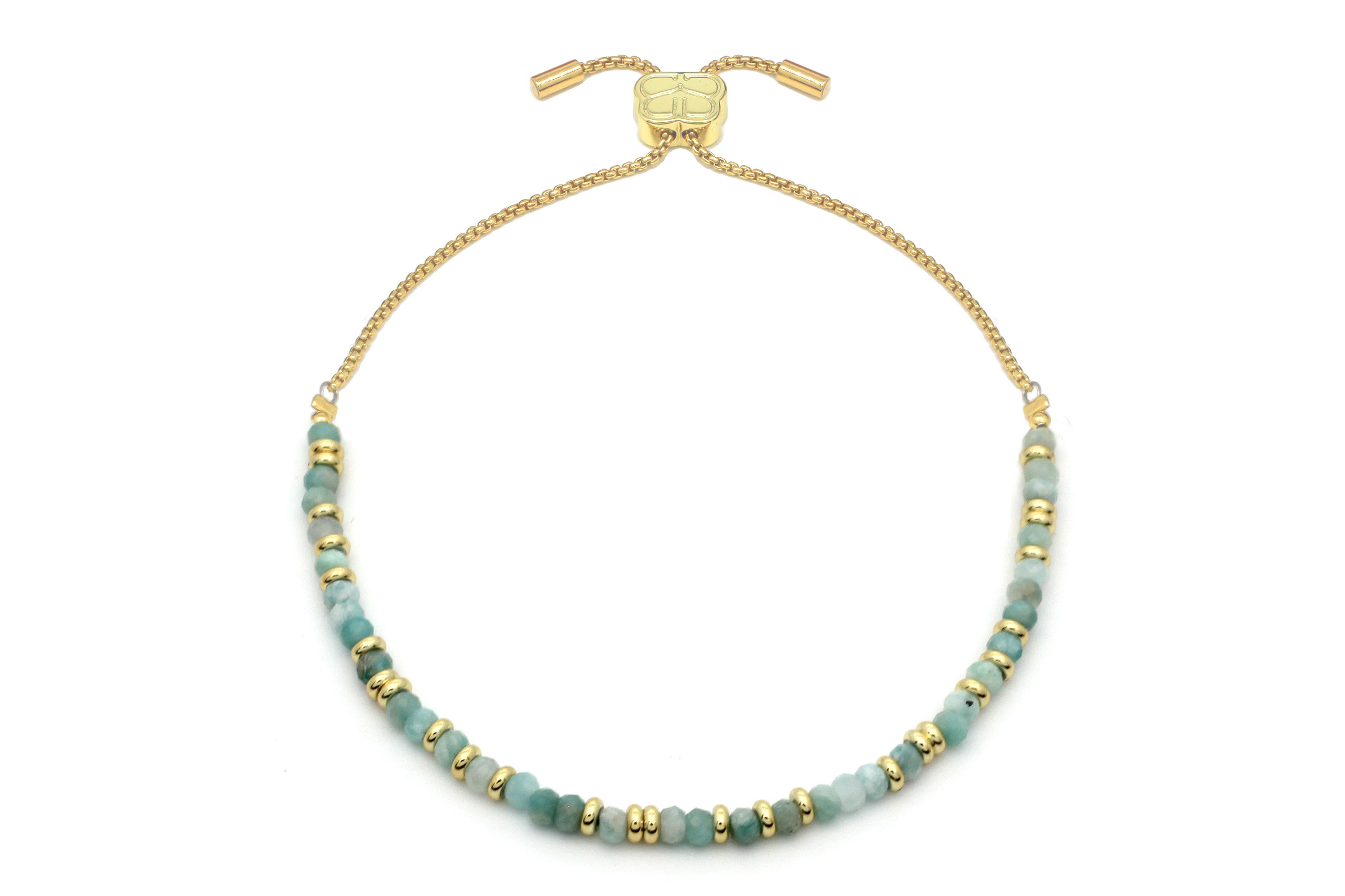 Mystical Amazonite Gold Bracelet featuring ocean-hued amazonite gemstones, gold-plated accents, and an adjustable slider chain.