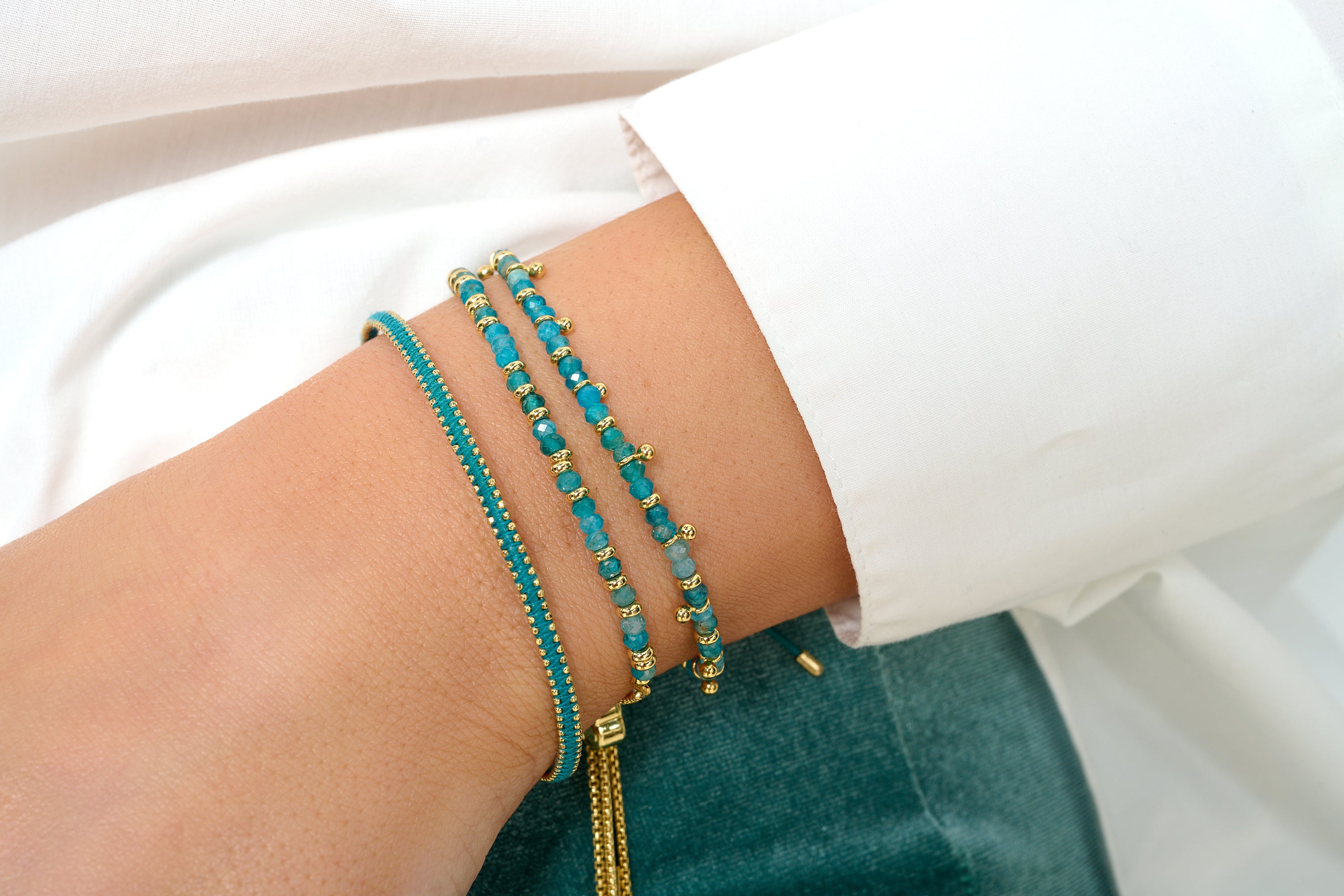 Mystical Apatite Bracelet styled with silver jewellery for a reflective, calming, and expressive everyday look.