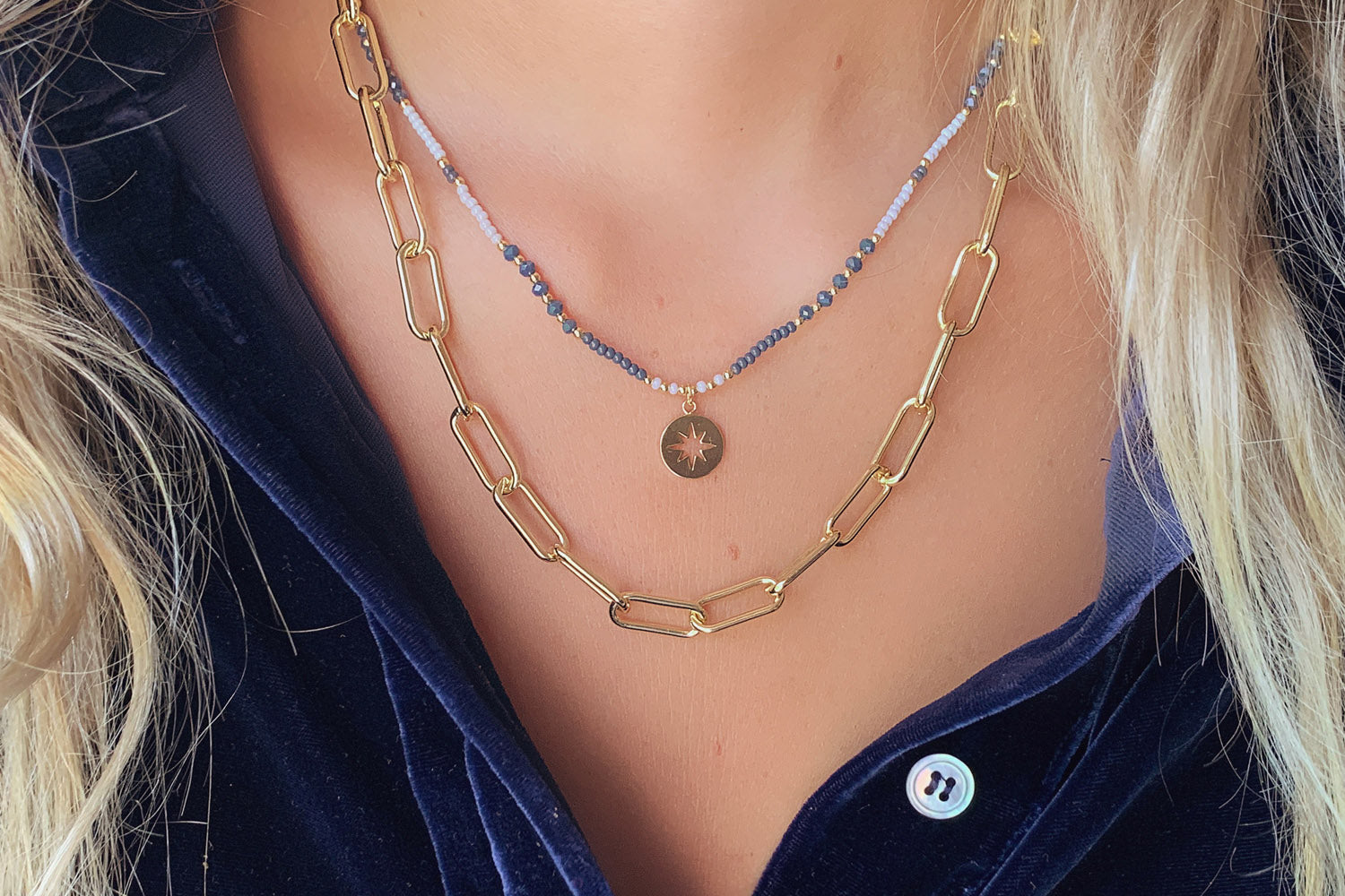 Soteria 2 Layer Navy Beaded Necklace Set - Boho Betty