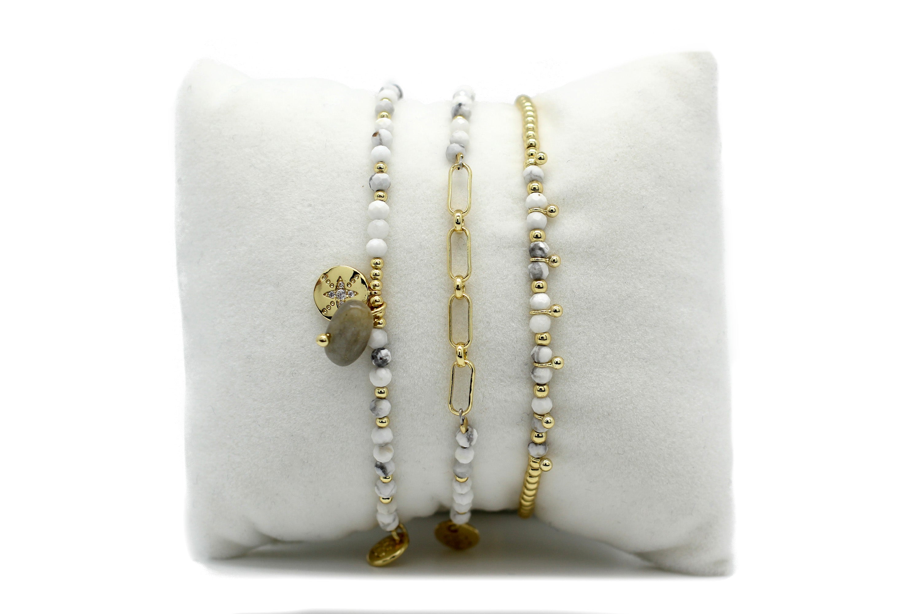 Inverness 3 White & Gold Layered Bracelet Stack - Boho Betty