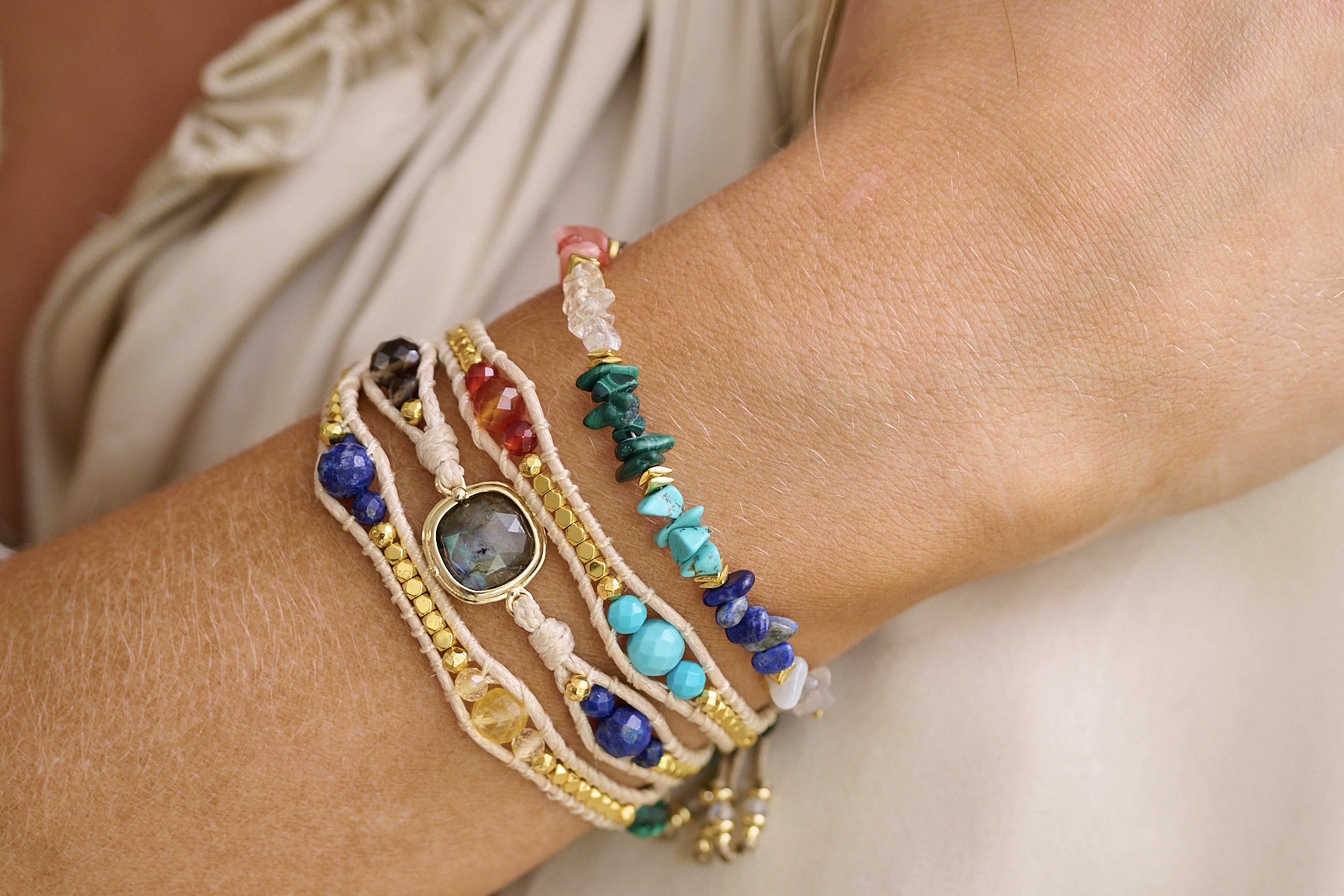 America Labradorite Mixed Gemstone 3 Wrap Bracelet - Boho Betty