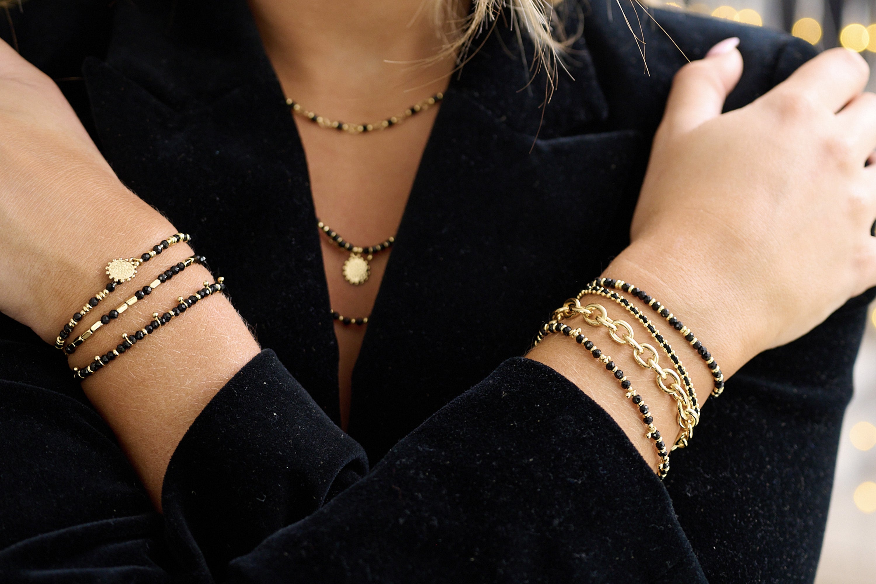 Ebony Gold Black Spinel Thread Through Bracelet - Boho Betty