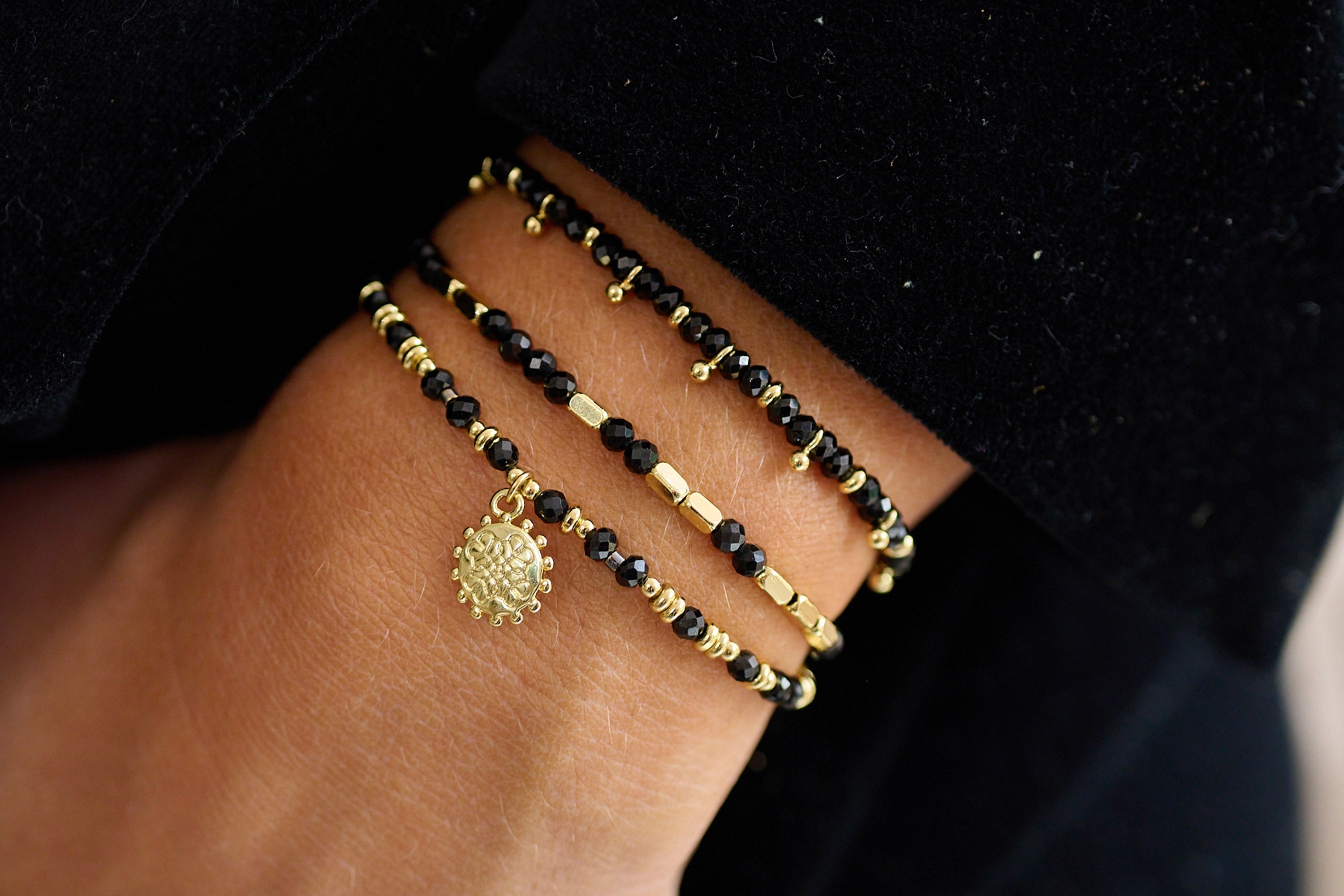 Ebony Gold Black Spinel Thread Through Bracelet - Boho Betty
