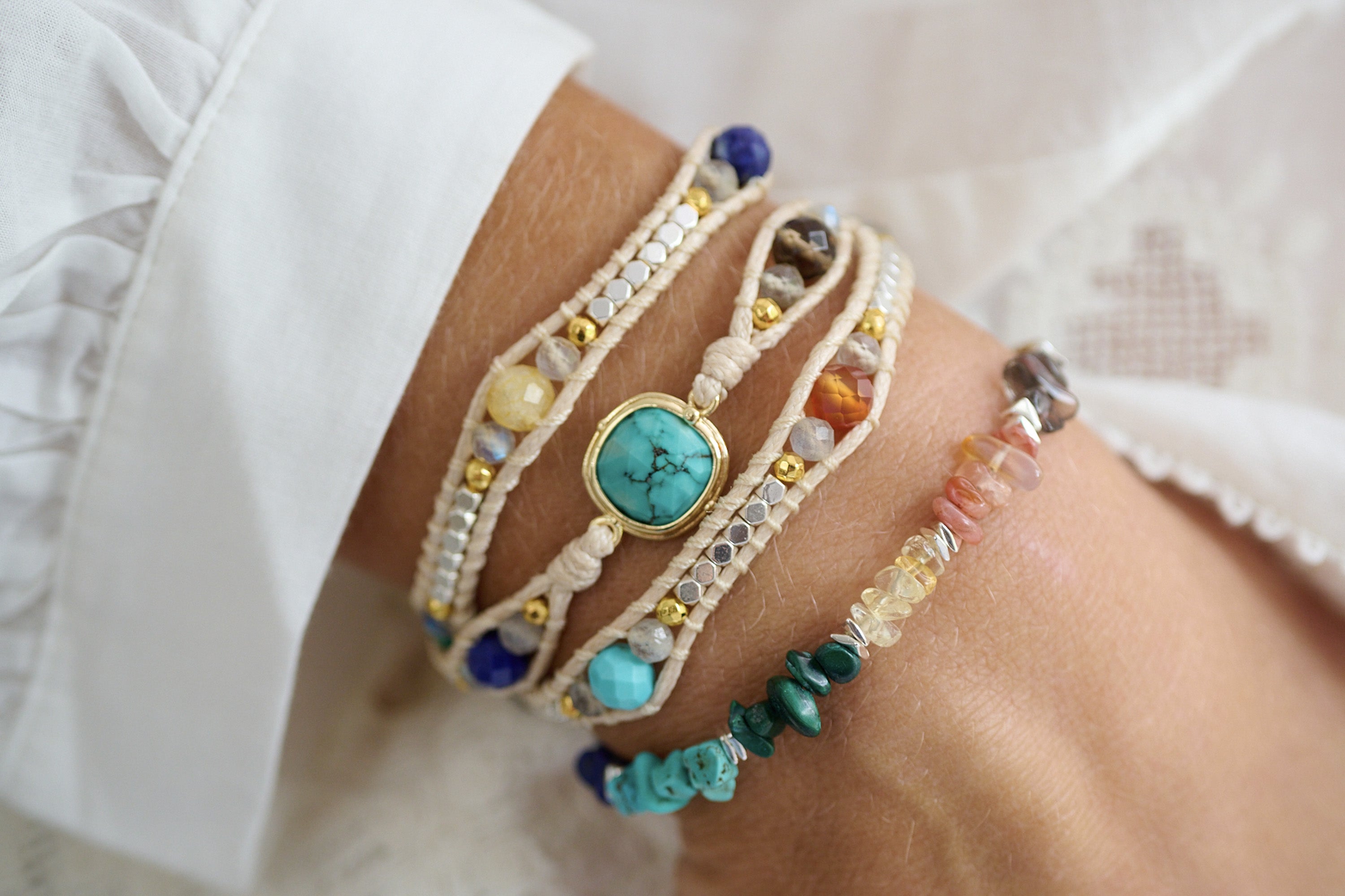 America Turquoise Mixed Gemstone 3 Wrap Bracelet - Boho Betty