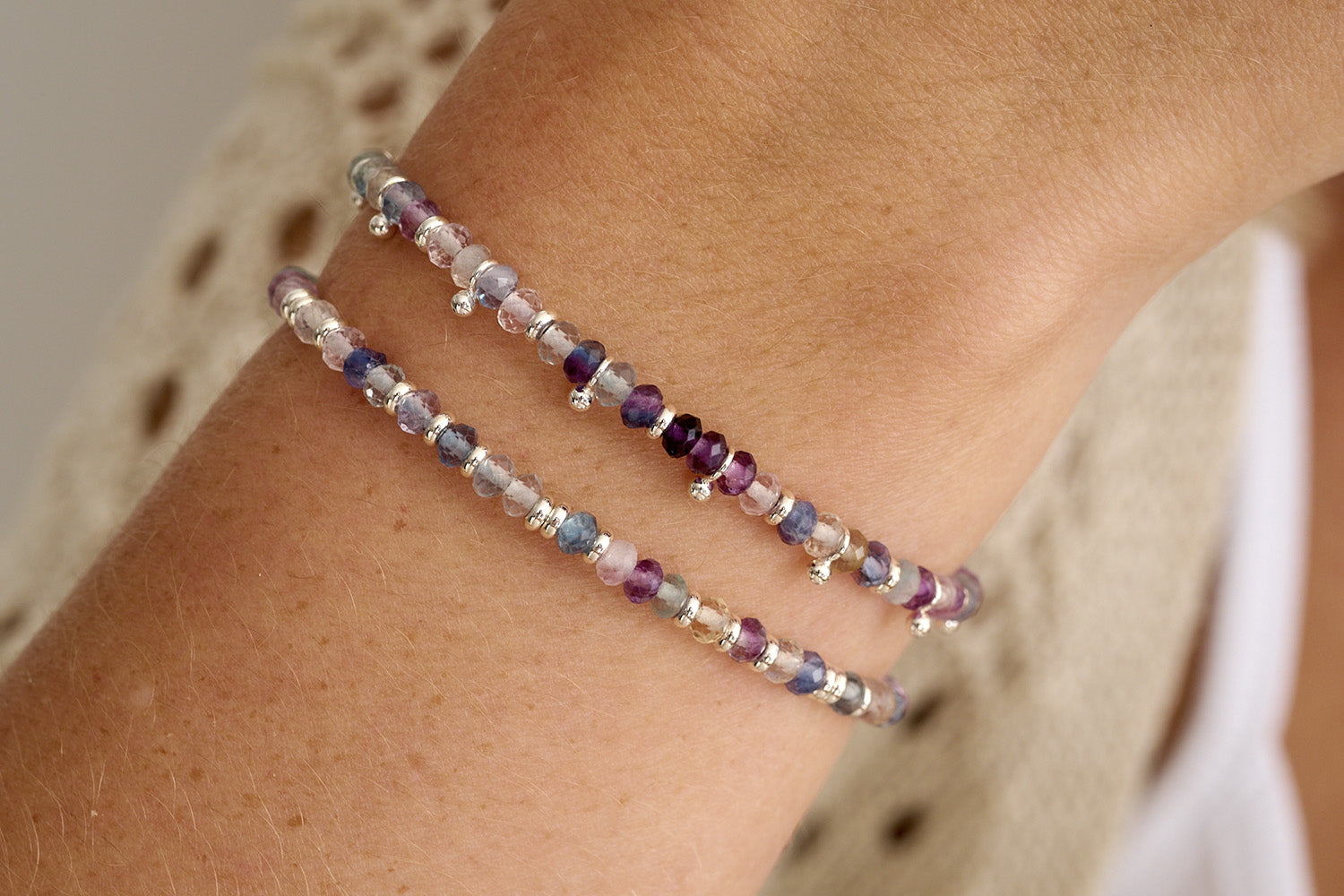 Serenity Rainbow Fluorite Silver Stacking Bracelet - Boho Betty