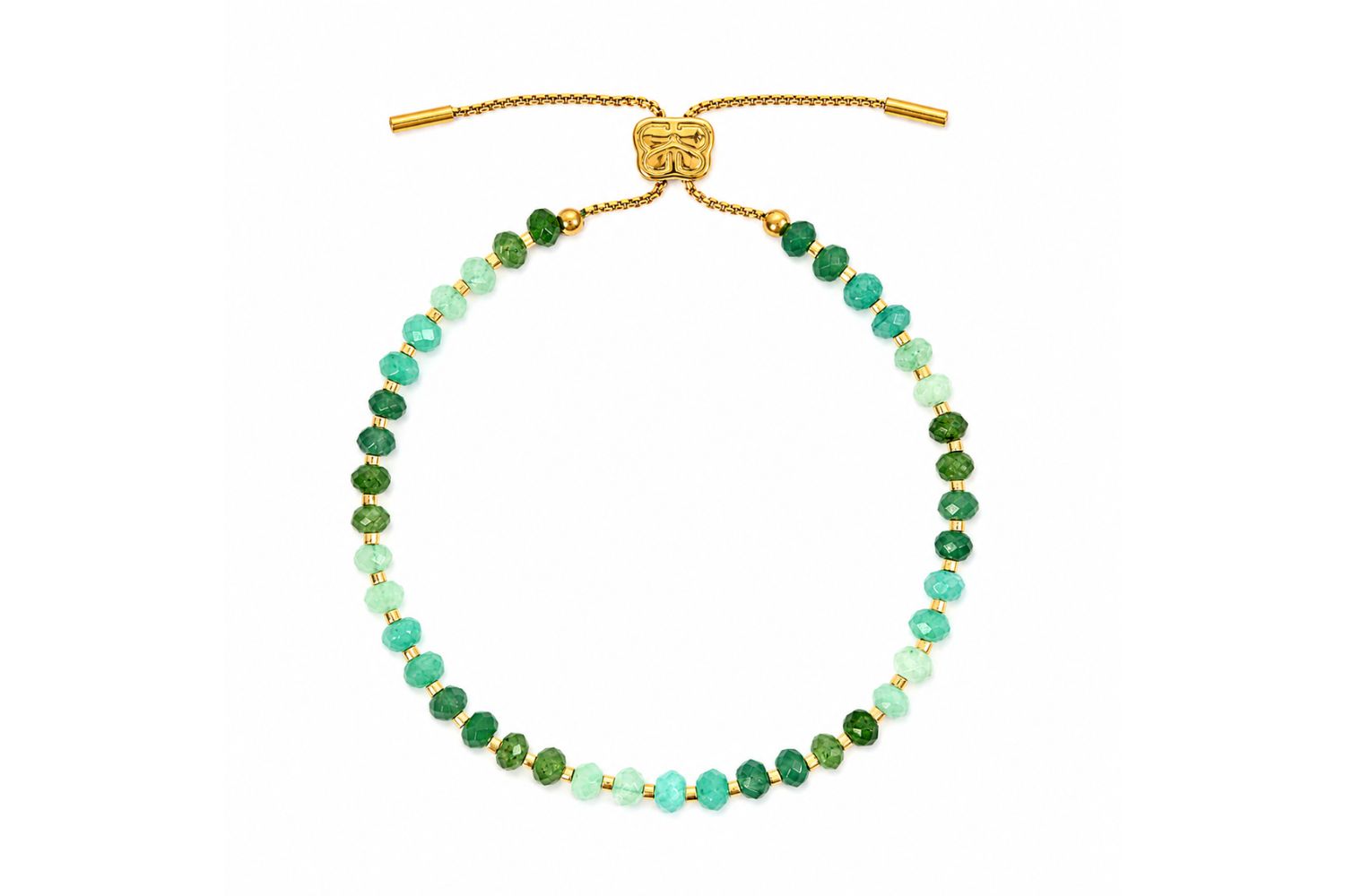 Araminta Gold & Aqua Gemstone Bead Bracelet featuring jade gemstone beads with gold Miyuki bead accents and a waterproof 14k gold PVD adjustable slider fastening.