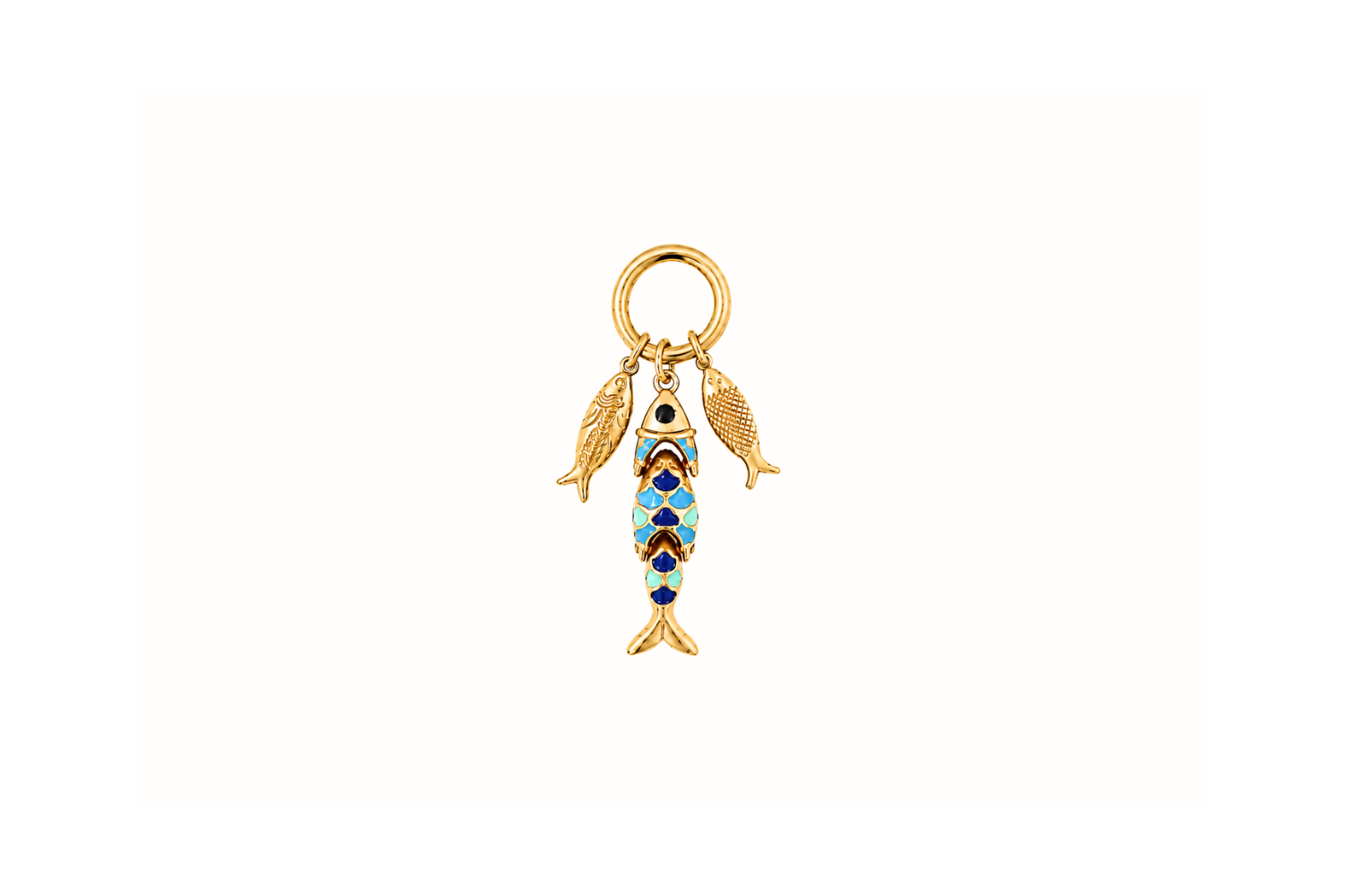 Minami Blue Ombre Fish Cluster Charm Gold — two polished gold fish with a blue ombré enamel fish on a waterproof 14k gold PVD charm cluster.